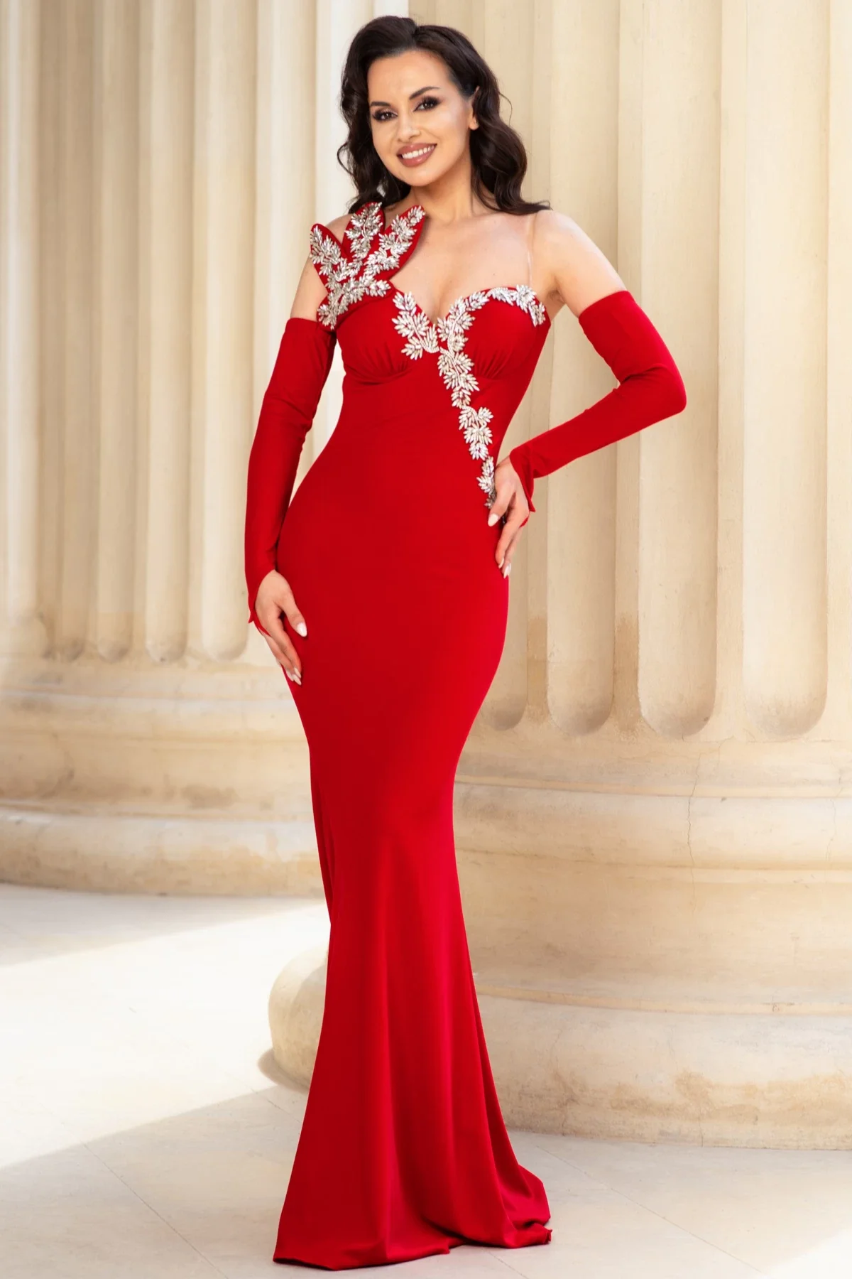 Chanttal Rochie de seara eleganta rosie Lorenza cu aplicatii pretioase argintii