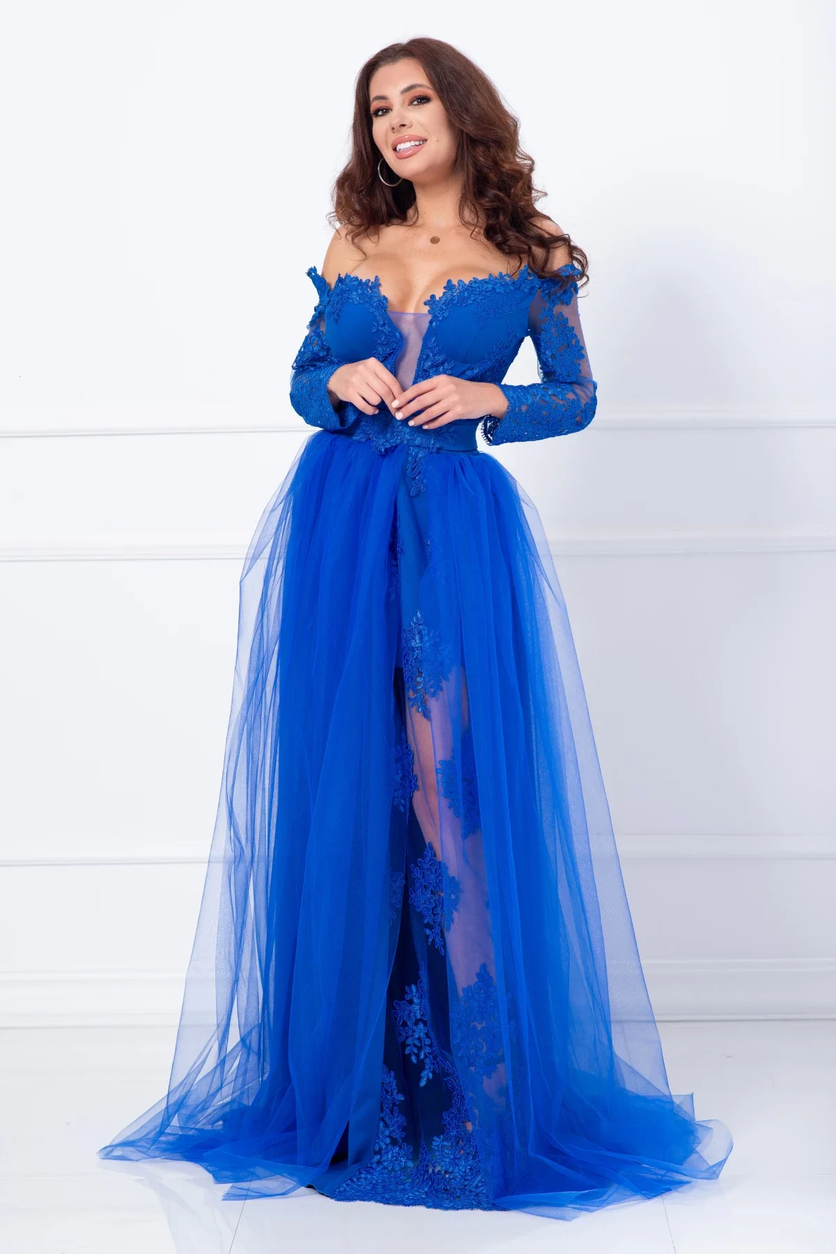 Chanttal Rochie de seara lunga albastra Aurora din tulle si dantela