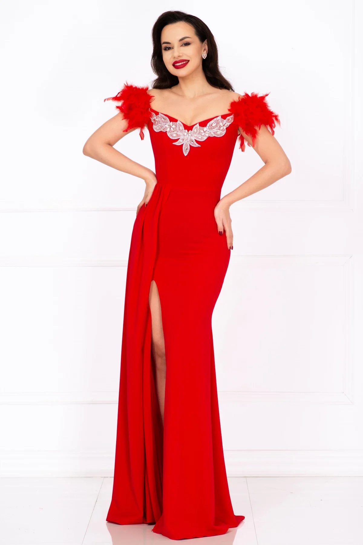 Chanttal Rochie de seara lunga rosie tip sirena Alissa cu fulgi si trena