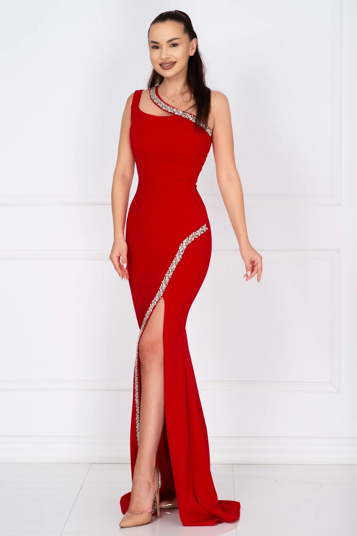 Chanttal Rochie de seara rosie lunga Florence decorata cu pietre sclipitoare