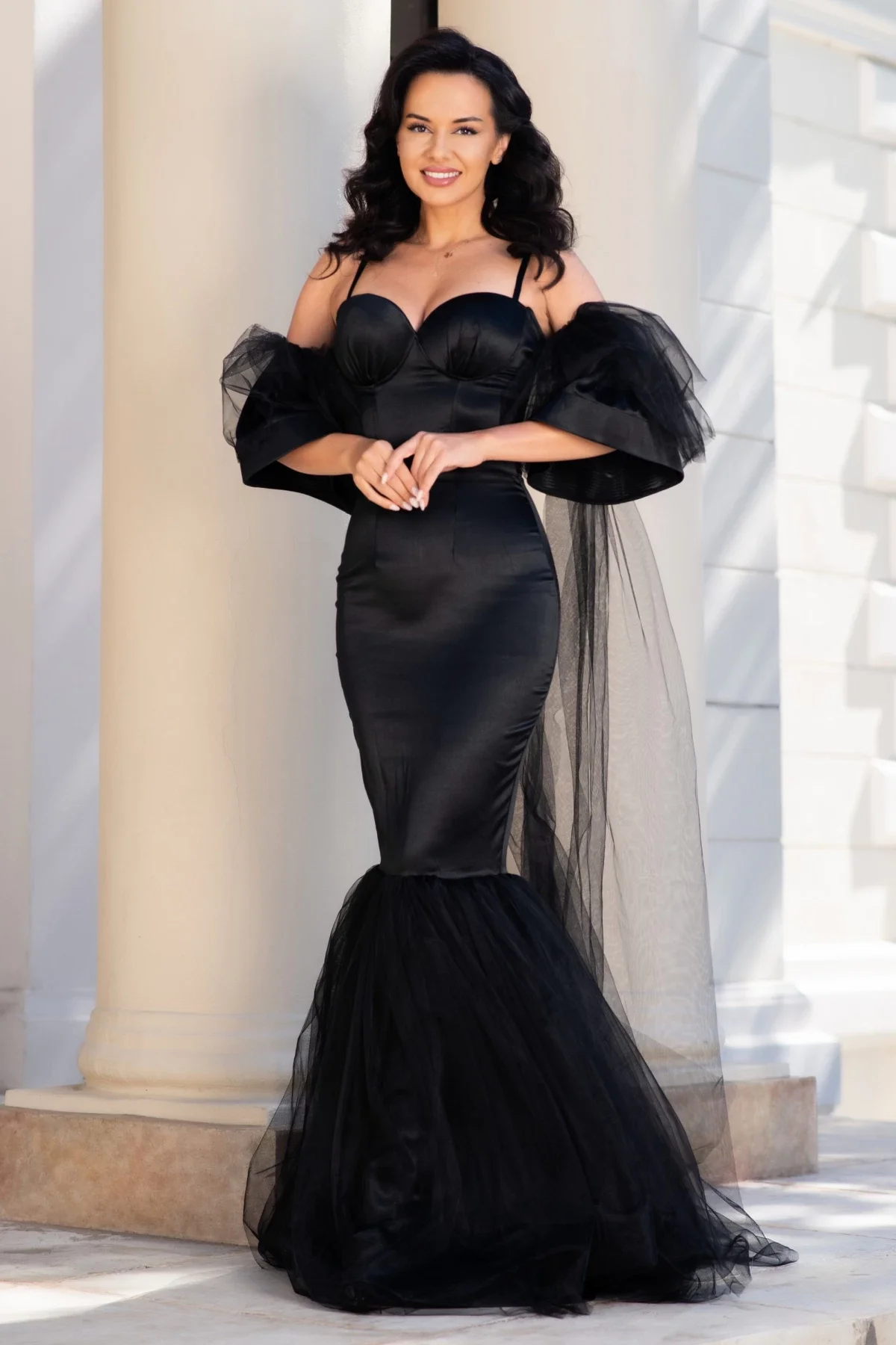 Chanttal Rochie de seara tip sirena Kandia neagra cu maneci detasabile