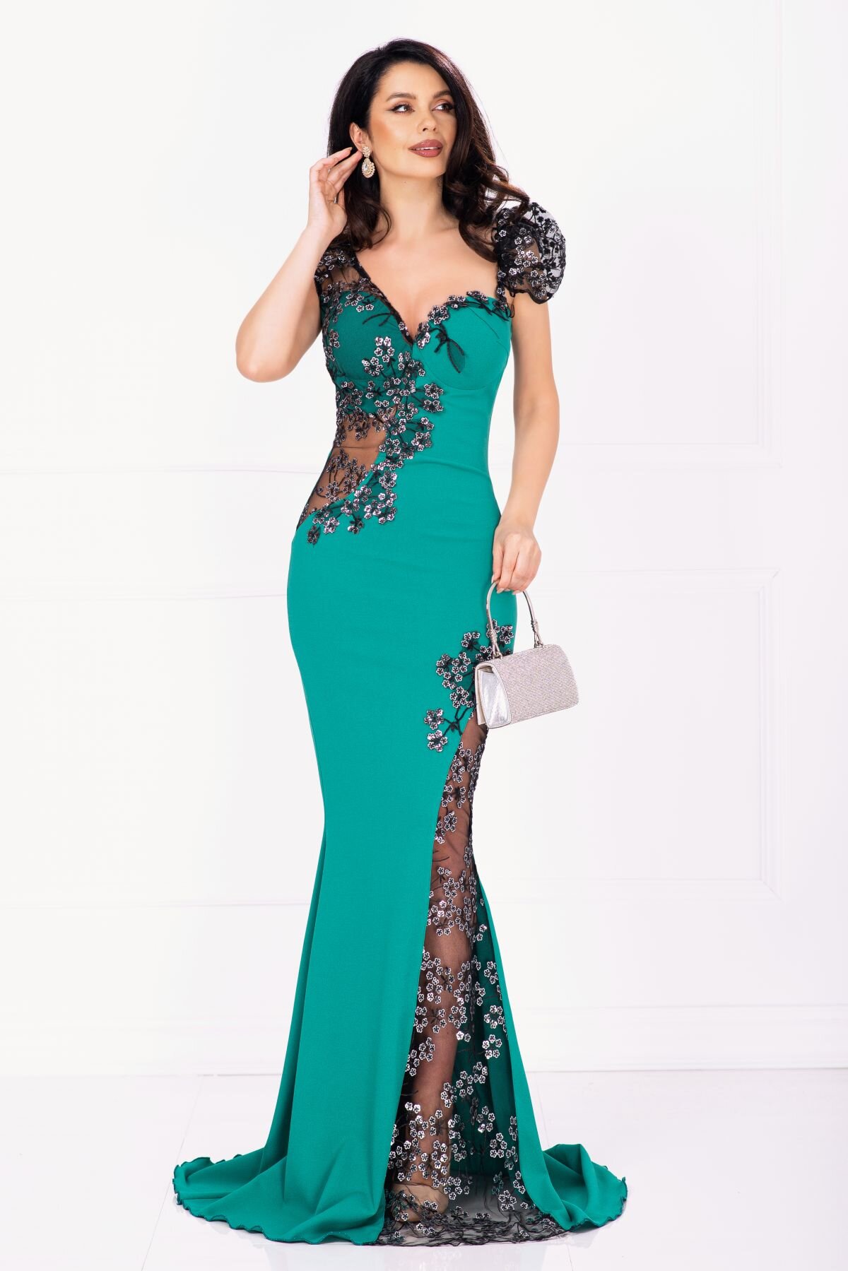 Chanttal Rochie de seara tip sirena Sherrel verde cu flori din paiete argintii