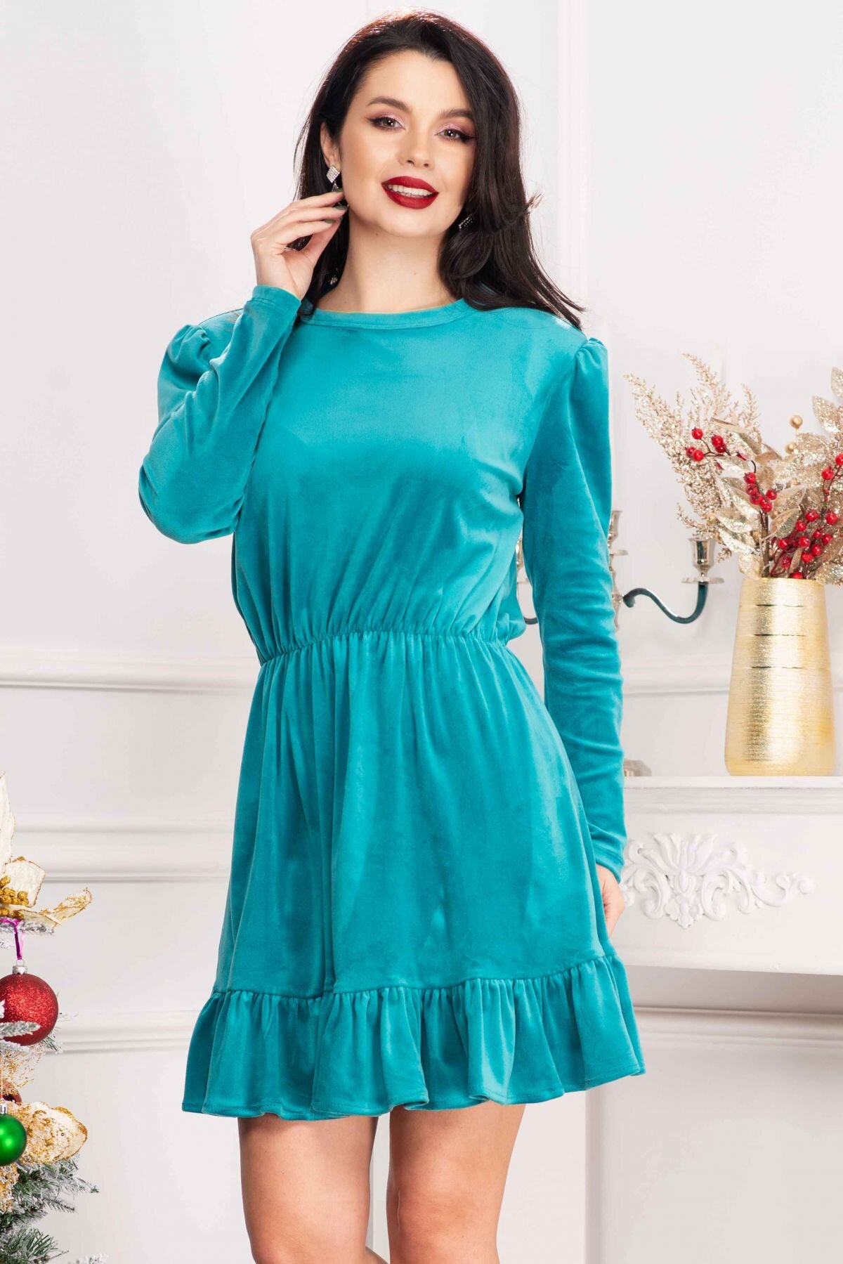 Chanttal Rochie de zi Cherry din catifea turquoise cu volanas