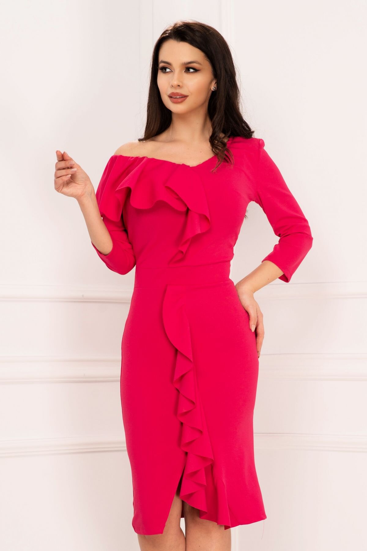 Chanttal Rochie de zi eleganta Clarisa fucsia cu volanas
