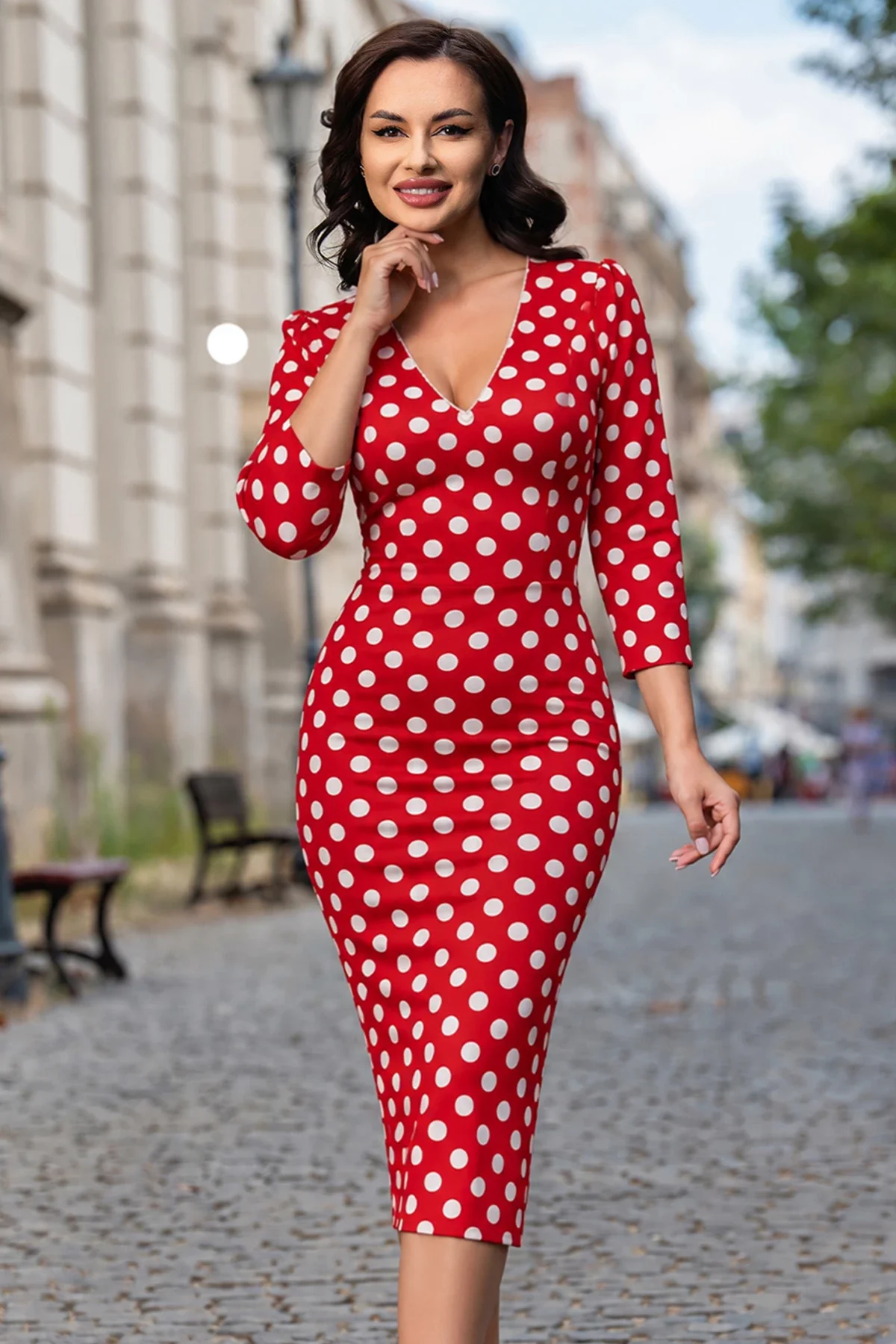 Chanttal Rochie de zi midi Loretta rosie cu buline albe