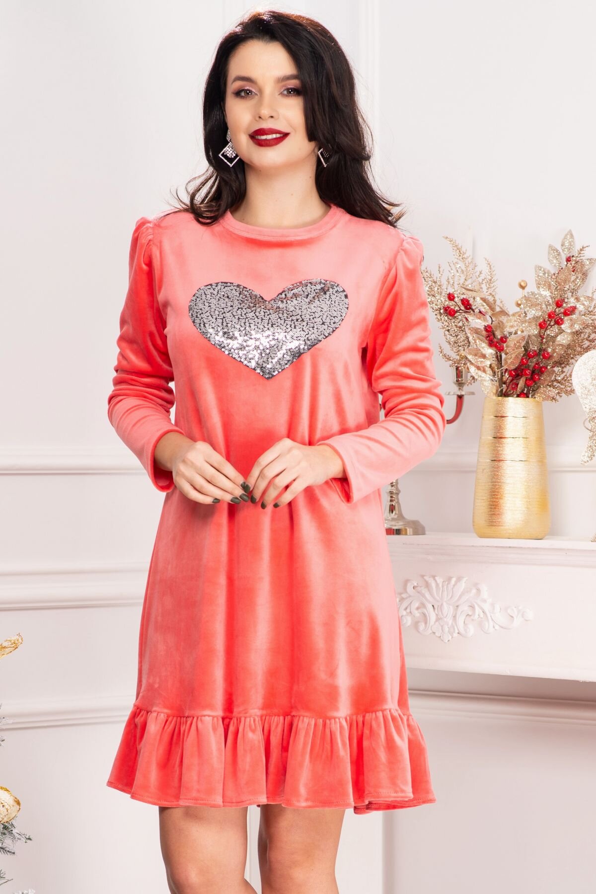 Chanttal Rochie din catifea Alma roz cu inima din paiete