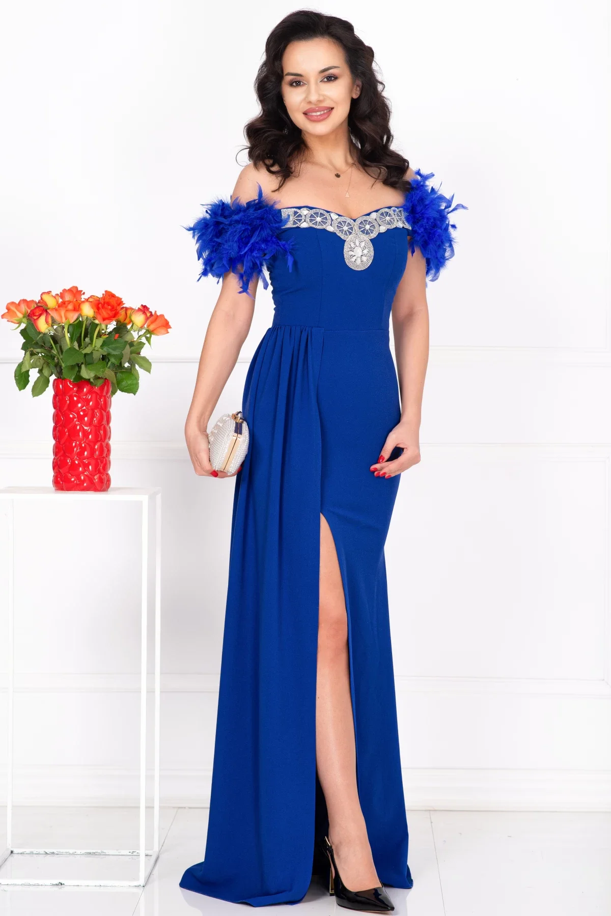 Chanttal Rochie eleganta lunga albastra tip sirena Alissa cu fulgi si trena