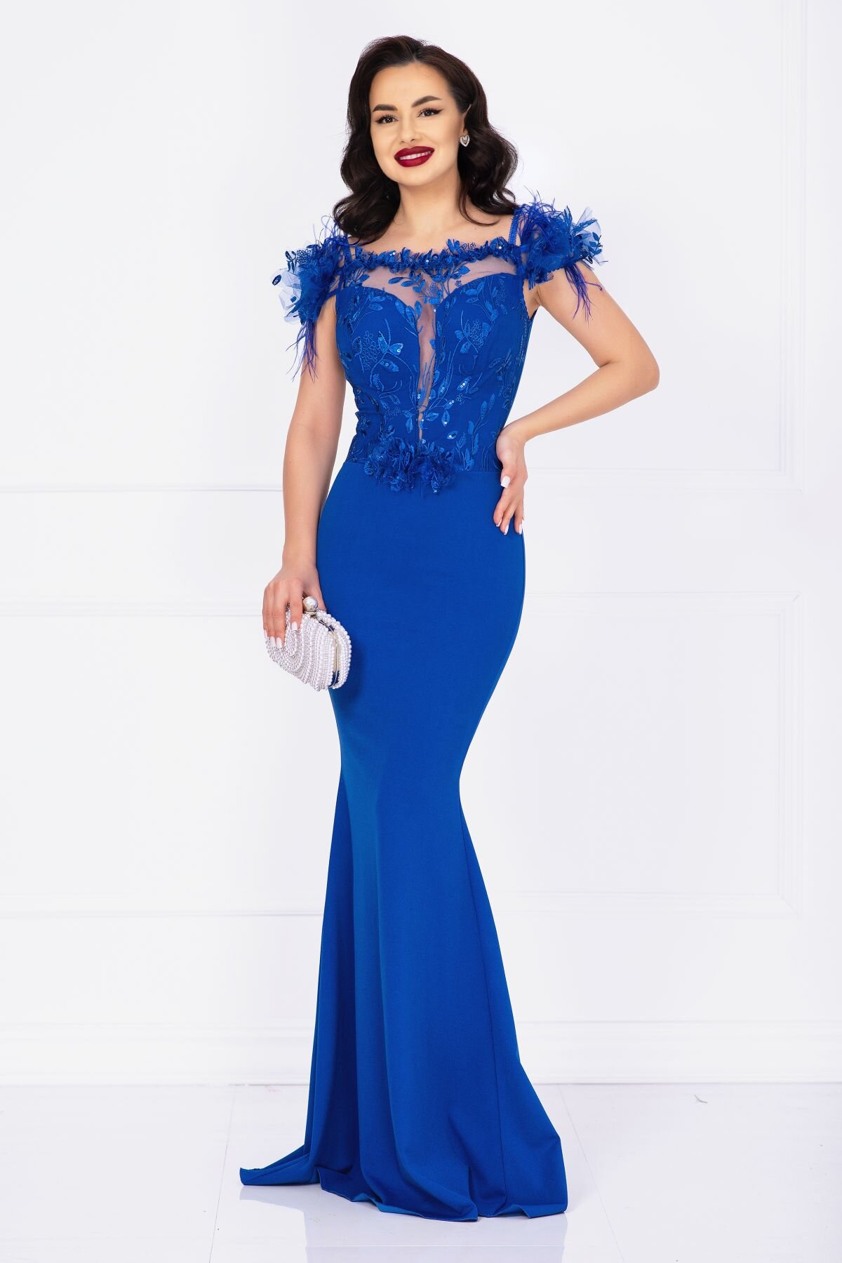 Chanttal Rochie eleganta Noely albastru royal cu broderie pretioasa si fulgi