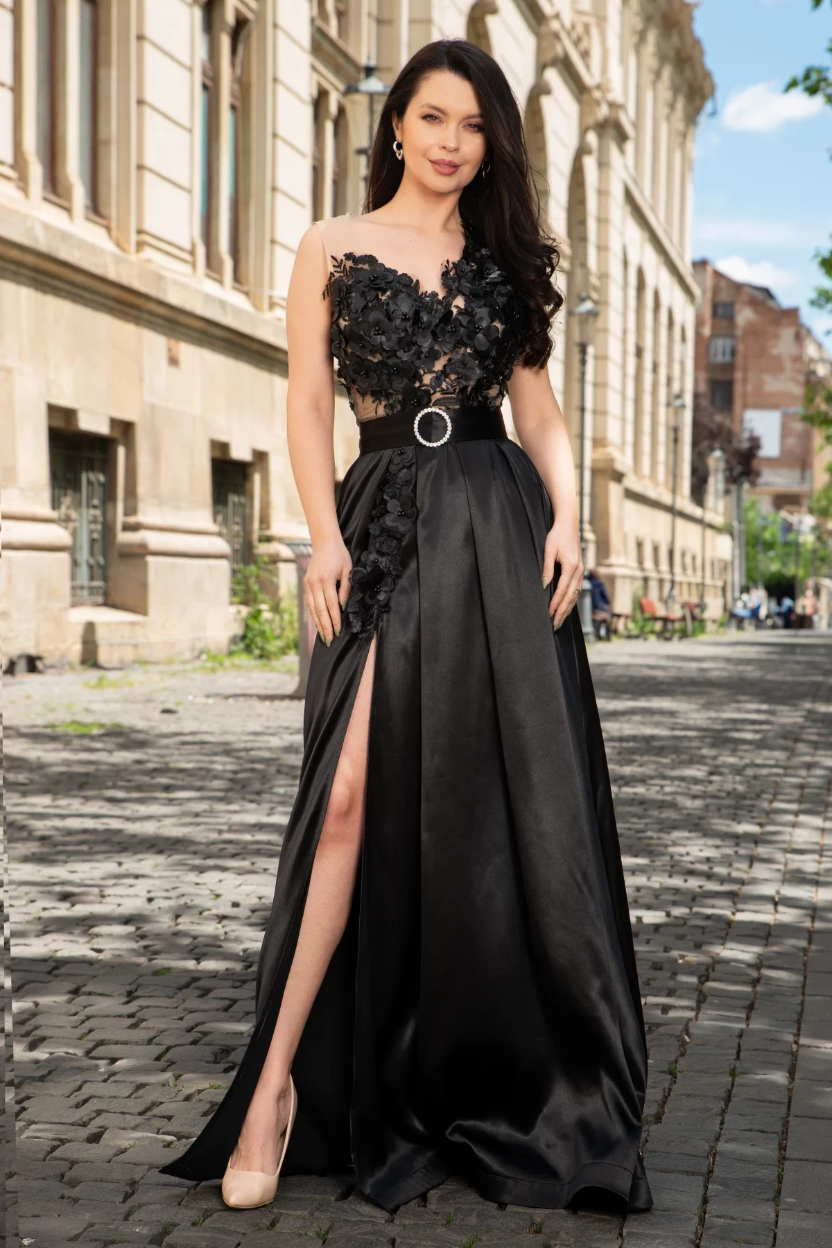 Chanttal Rochie eleganta Ofelia neagra lunga cu flori 3D