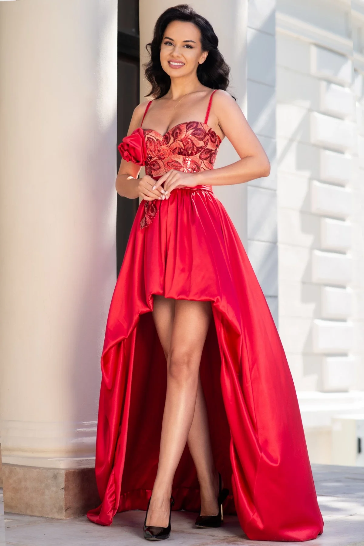 Chanttal Rochie eleganta rosie Myrela asimetrica din tafta