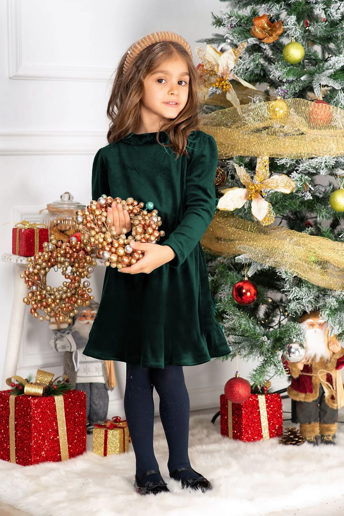 Chanttal Rochie fetita din catifea verde Fiolla in clos cu guler