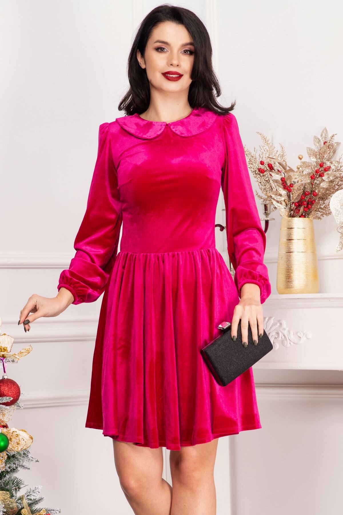 Chanttal Rochie fucsia din catifea Fiolla in clos cu guler