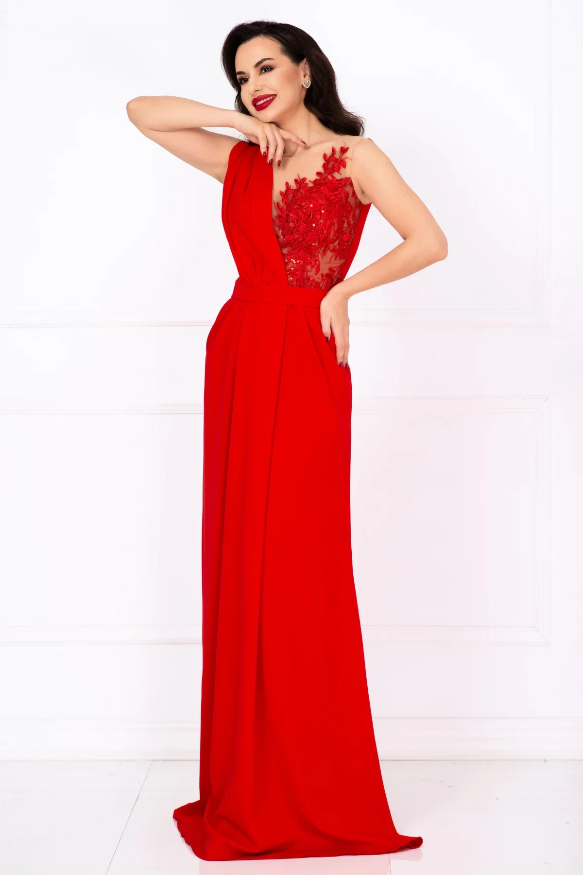Chanttal Rochie lunga de seara Gilda rosie cu fronseuri si bust brodat