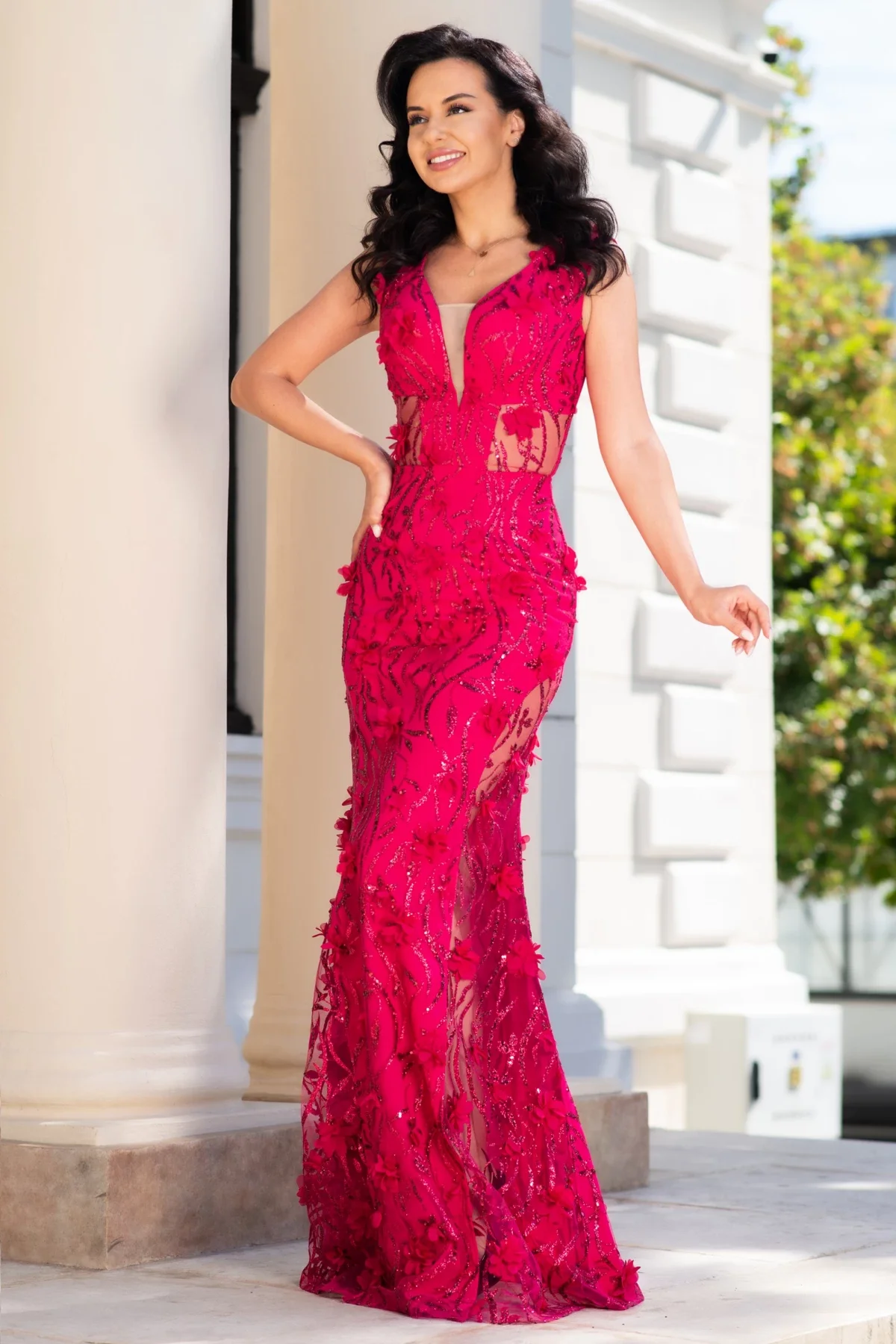 Chanttal Rochie lunga zmeura sirena Alejandra cu glitter si flori 3D