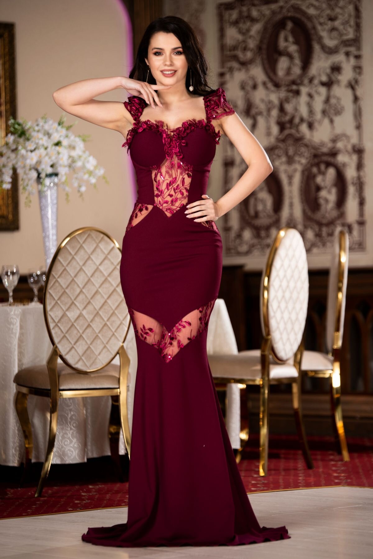 Chanttal Rochie pretioasa Isadora bordo cu dantela pretioasa si paiete discrete