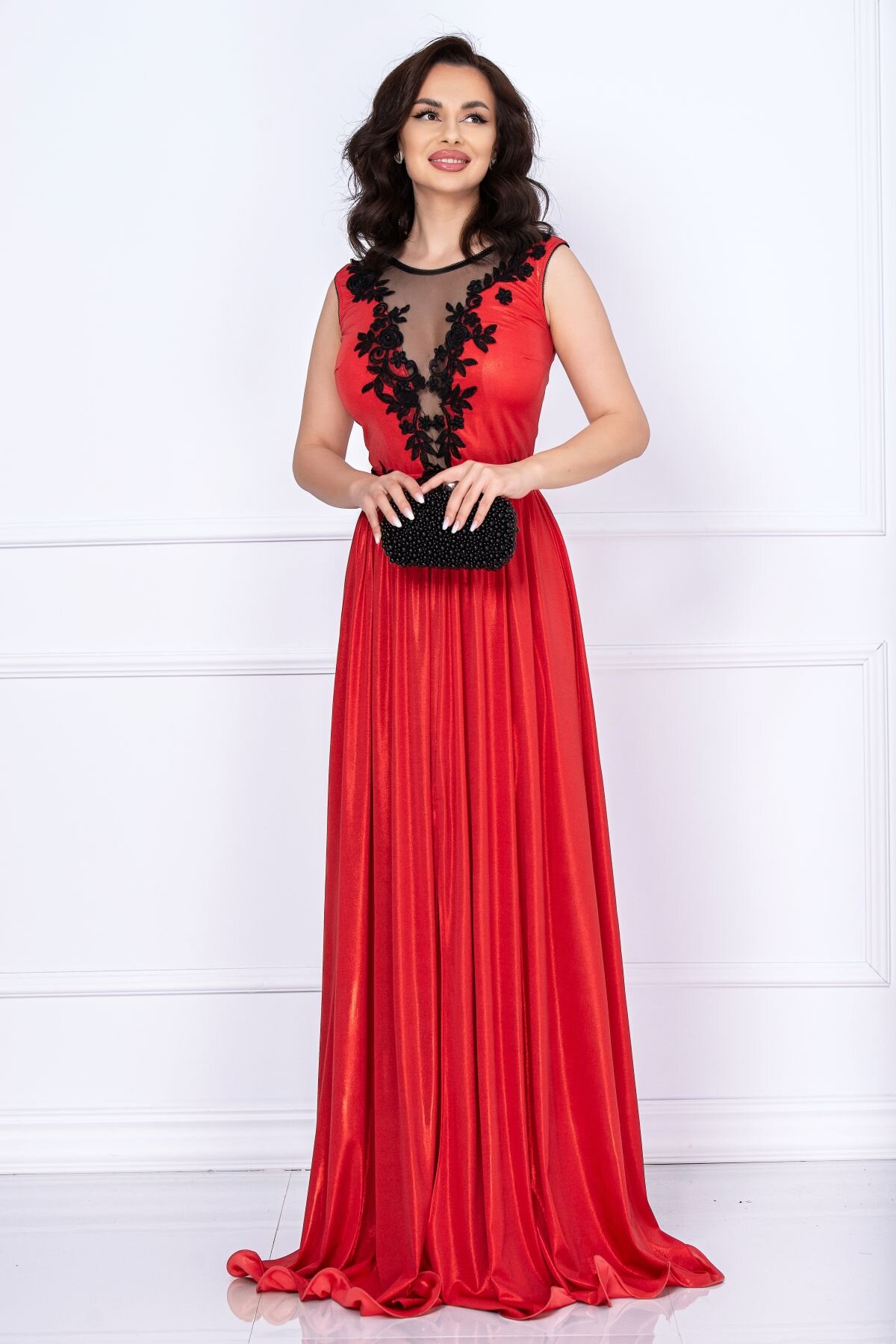 Chanttal Rochie rosie eleganta Ginette lunga peliculizata cu broderie aplicata
