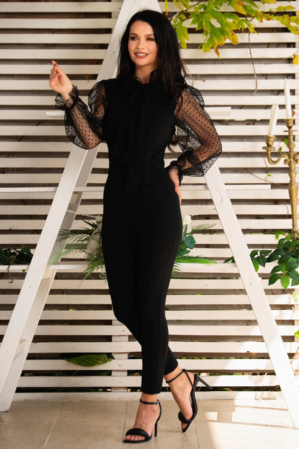 Chanttal Salopeta neagra eleganta cu maneci din tulle cu buline mini