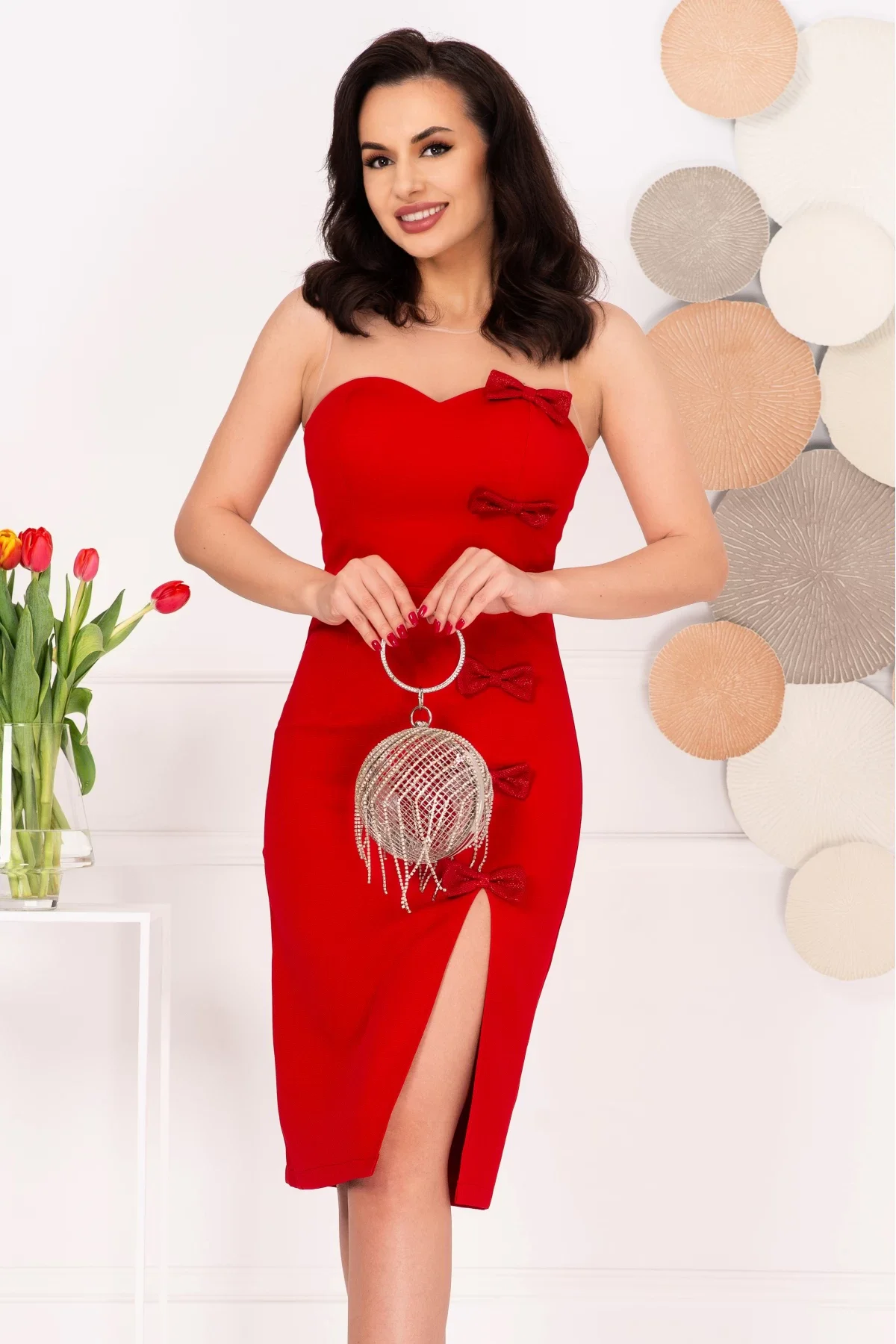 Dante Rochie eleganta rosie midi June cu fundite decorative