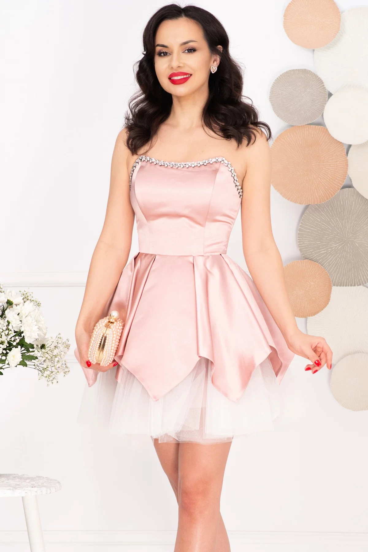 Dante Rochie mini baby doll roz Tinkerbell cu corset si strassuri