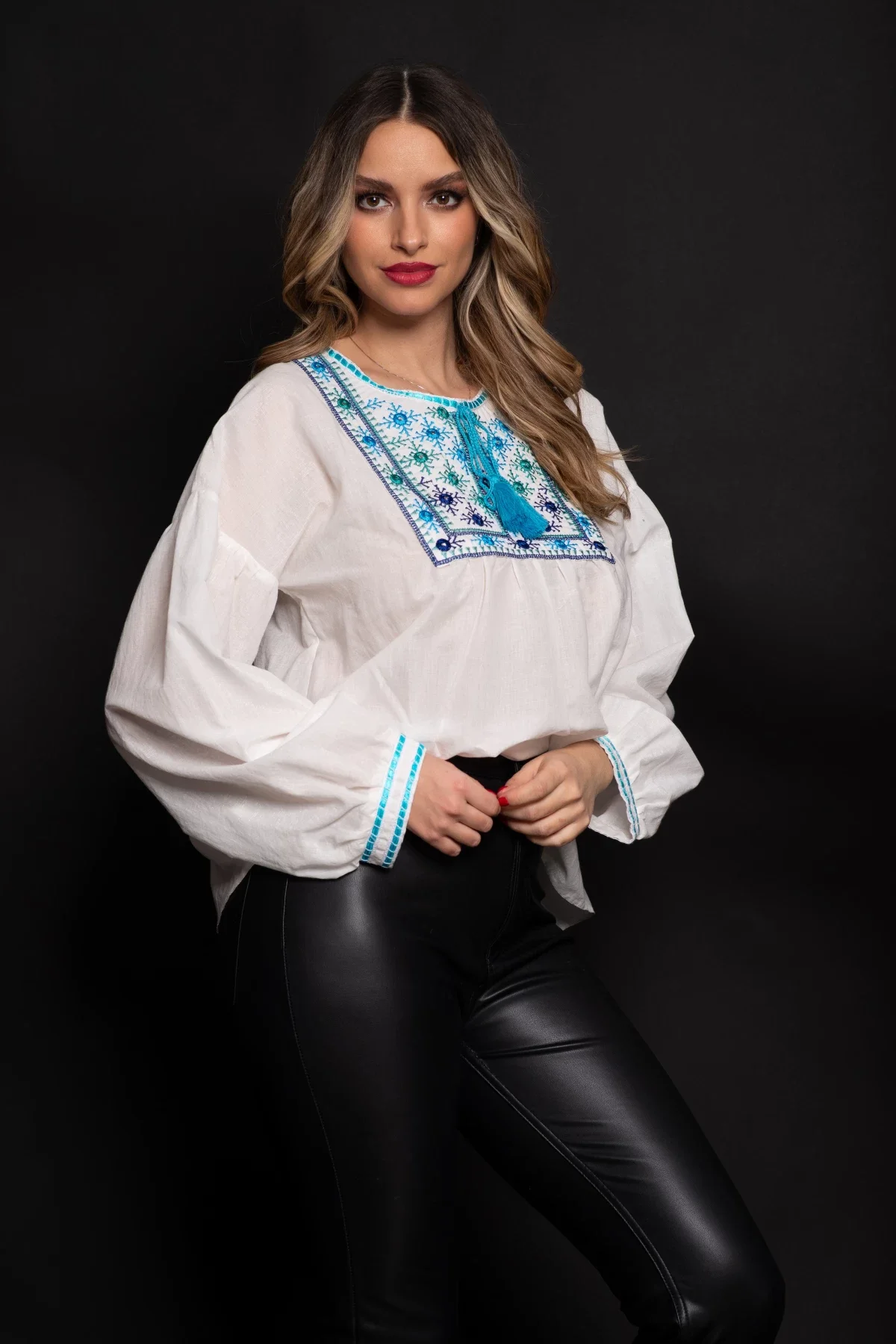 Effect Bluza tip ie din bumbac cu broderie bleu