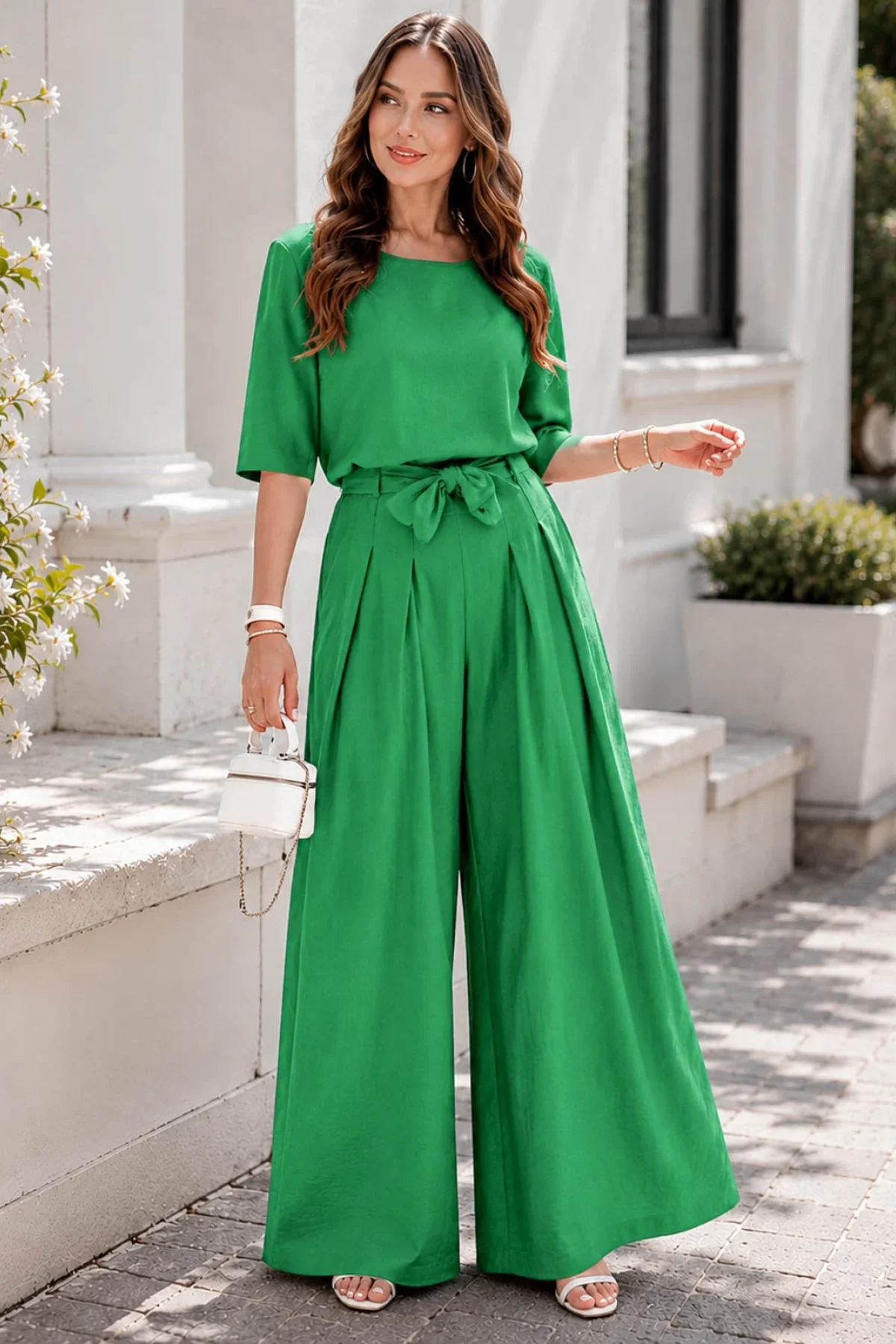 Effect Compleu dama verde din vascoza cu pantaloni evazati