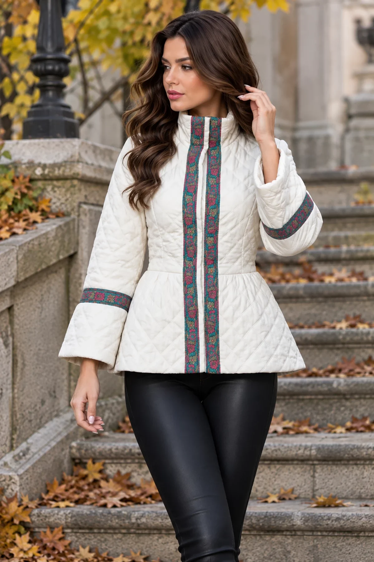 Effect Jacheta dama alba cu banda brodata turquoise si peplum