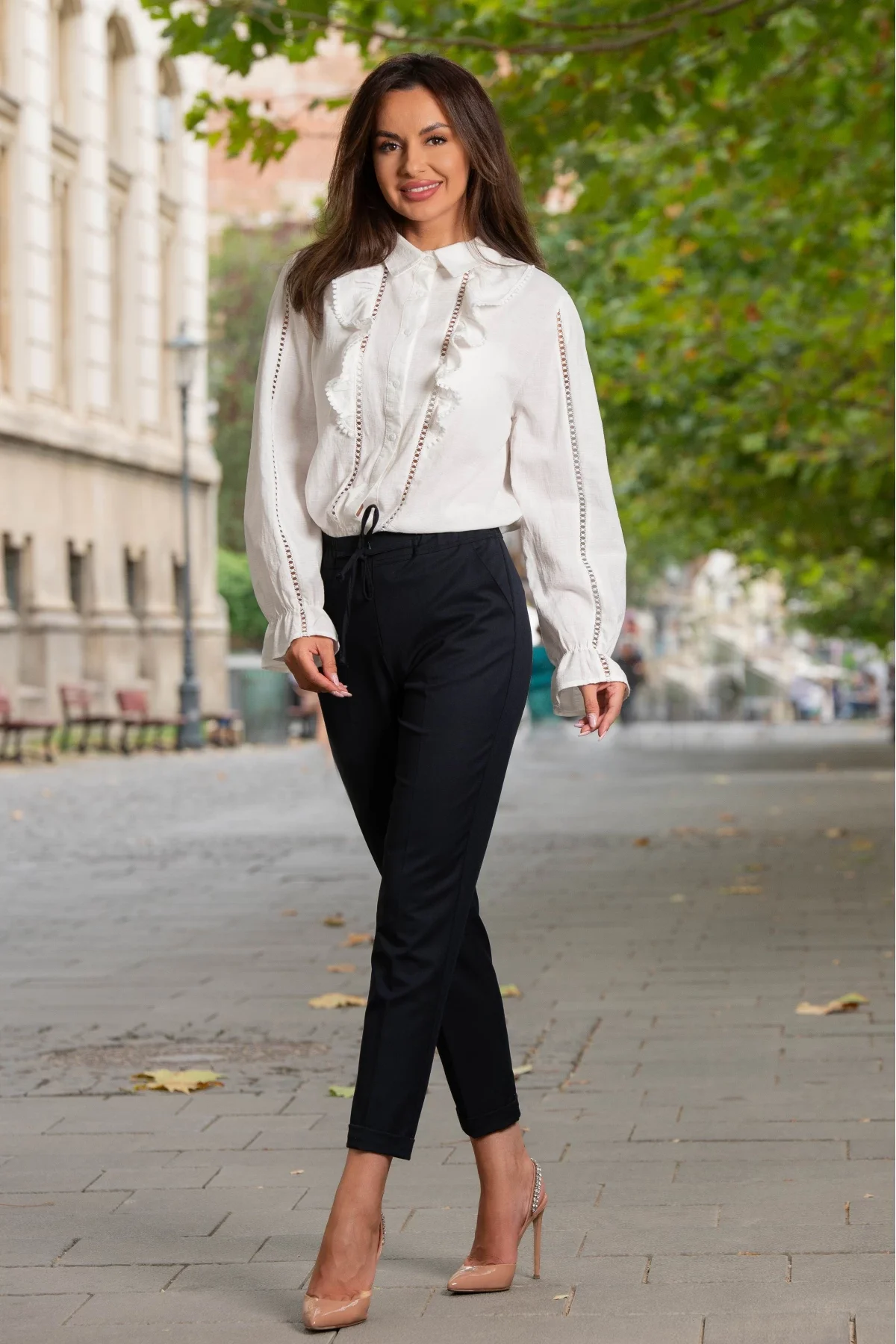 Effect Pantaloni office bleumarin drepti cu elastic in talie