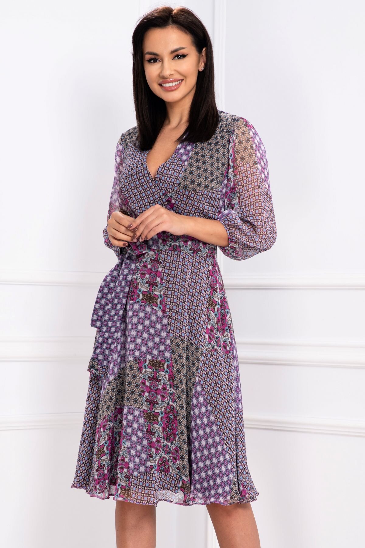 Effect Rochie de zi din voal texturat cu imprimeu tomnatic