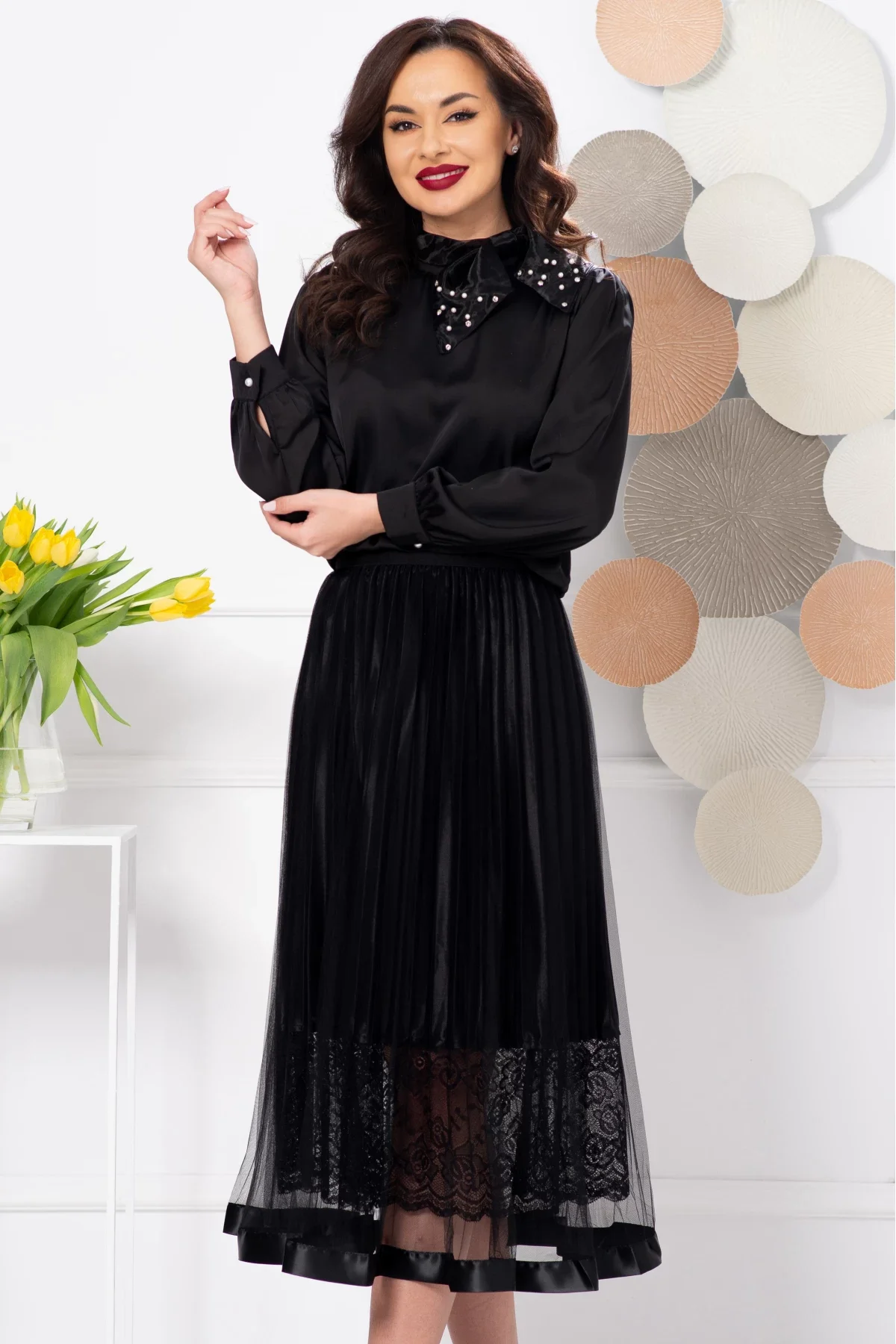 Ella Collection Bluza dama eleganta din voal negru cu guler din organza