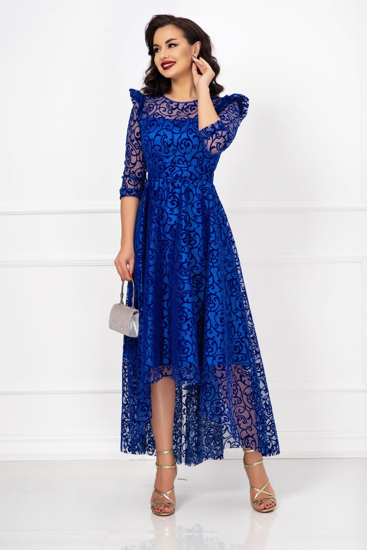 Ella Collection Rochie asimetrica de ocazie albastru royal Francesca cu model din catifea