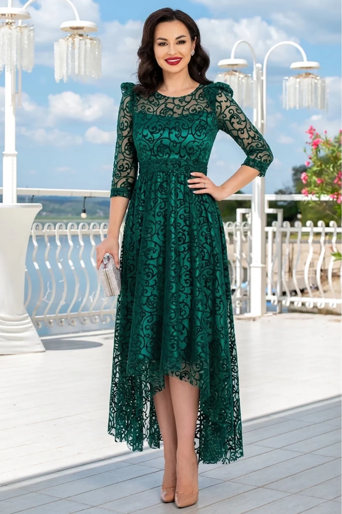 Ella Collection Rochie asimetrica de ocazie verde Francesca cu model din catifea