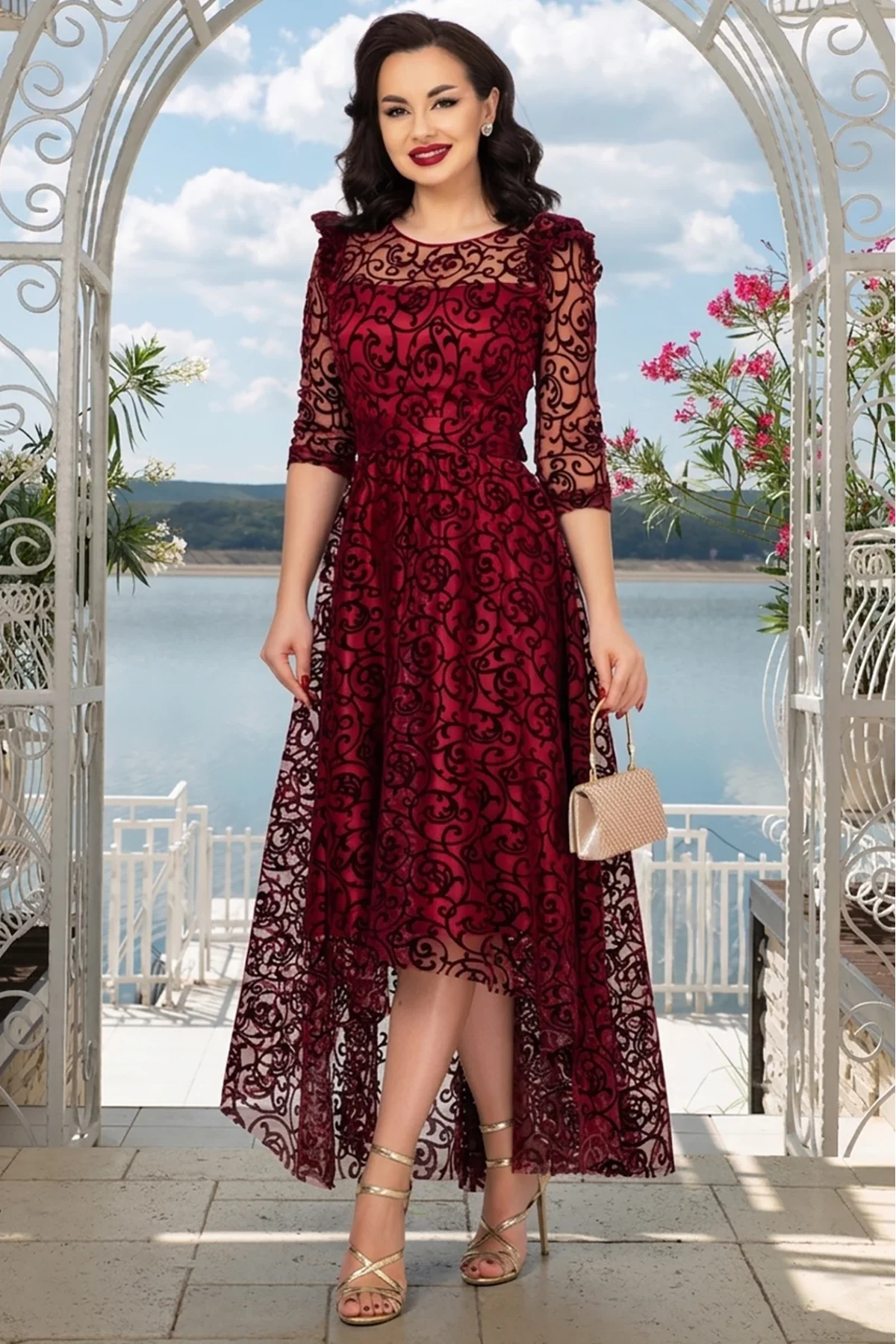 Ella Collection Rochie de ocazie asimetrica Francesca bordo cu model din catifea