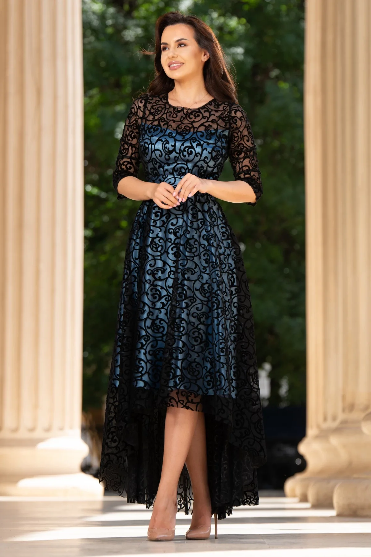 Ella Collection Rochie de ocazie asimetrica Francesca cu model din catifea si dublura bleu