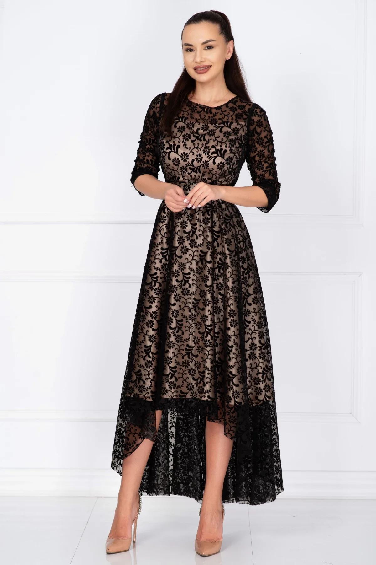 Ella Collection Rochie de ocazie asimetrica Francesca cu model floral din catifea si dublura bej