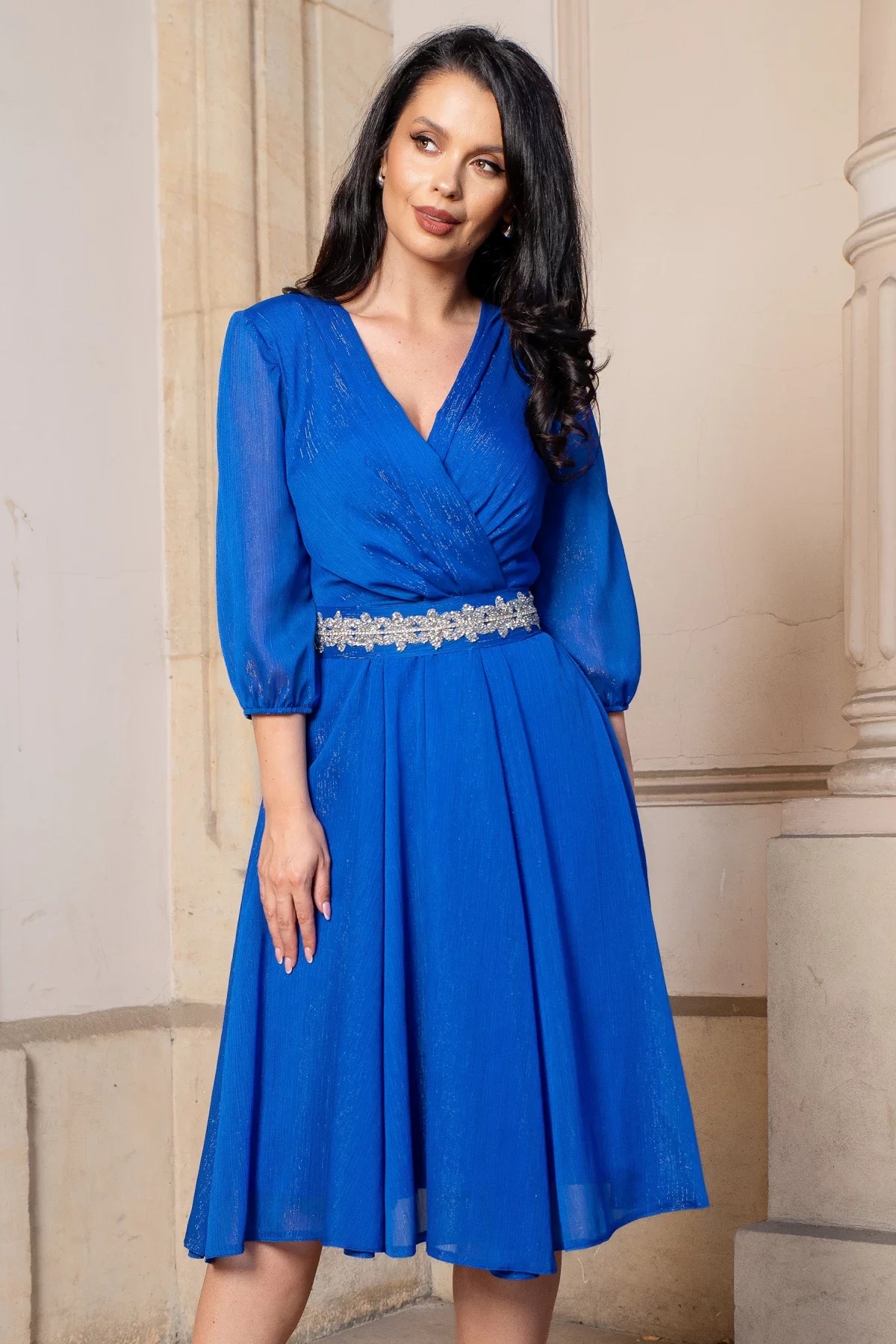 Ella Collection Rochie de ocazie in clos albastra Romina cu cordon stralucitor in talie