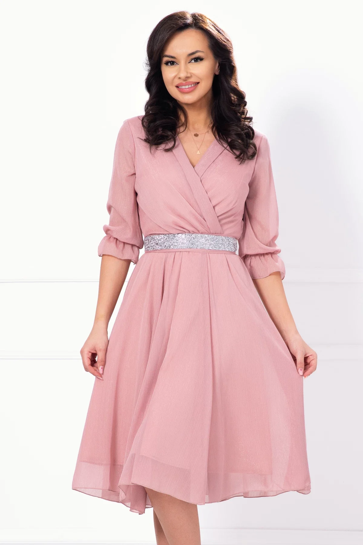 Ella Collection Rochie de ocazie in clos rose cu cordon stralucitor si insertii argintii