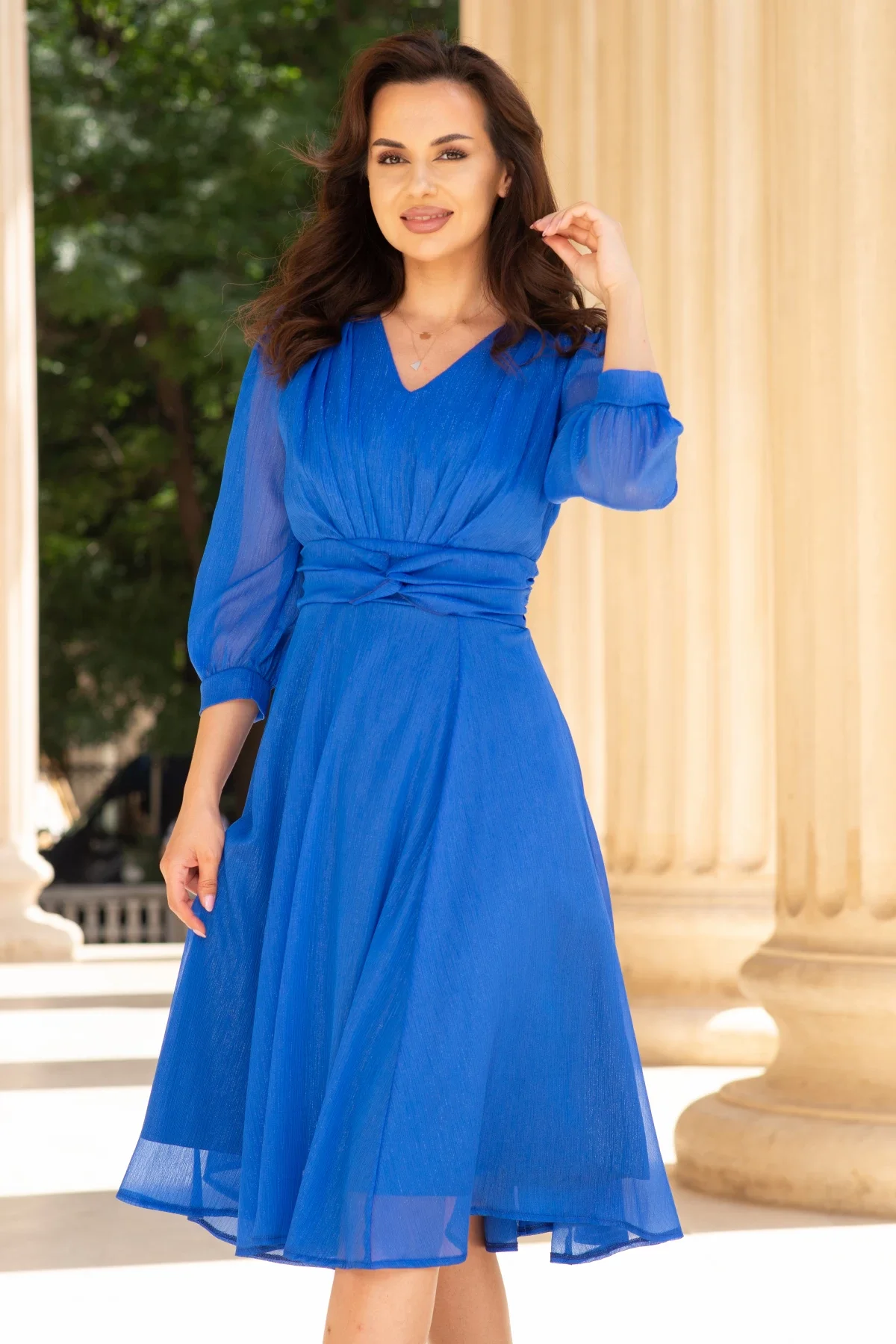 Ella Collection Rochie de ocazie midi albastra in clos Romina cu fir lurex