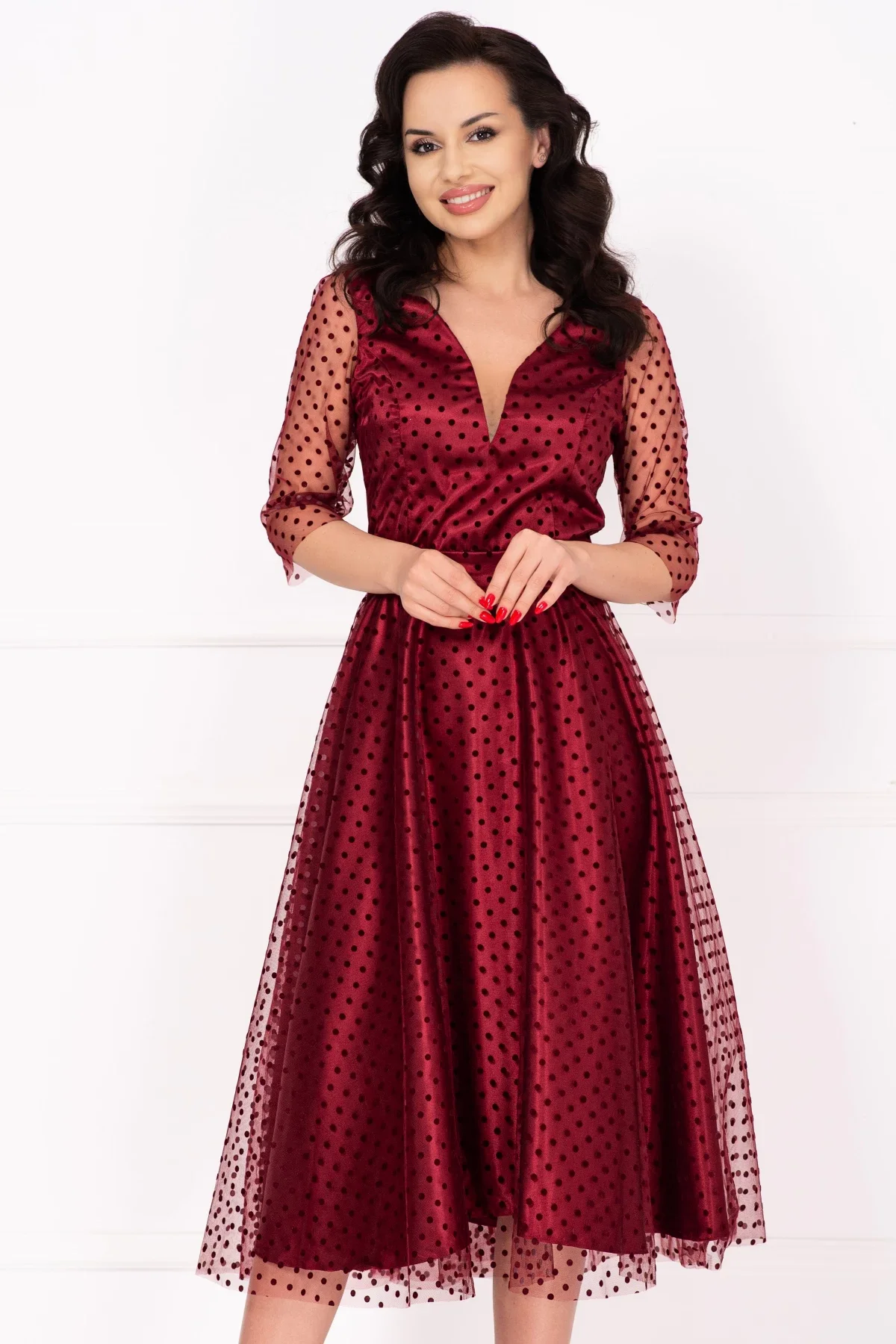 Ella Collection Rochie de ocazie midi bordo in clos Eufrenia din tulle cu buline