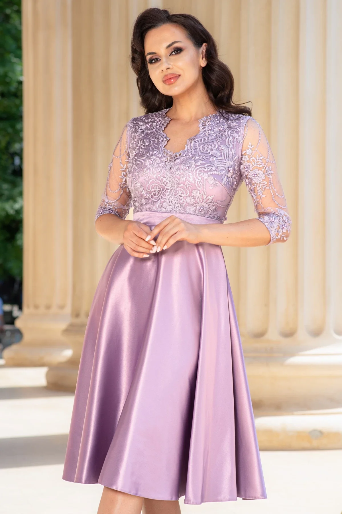 Ella Collection Rochie de ocazie midi lila Lucrezia din tafta cu broderie