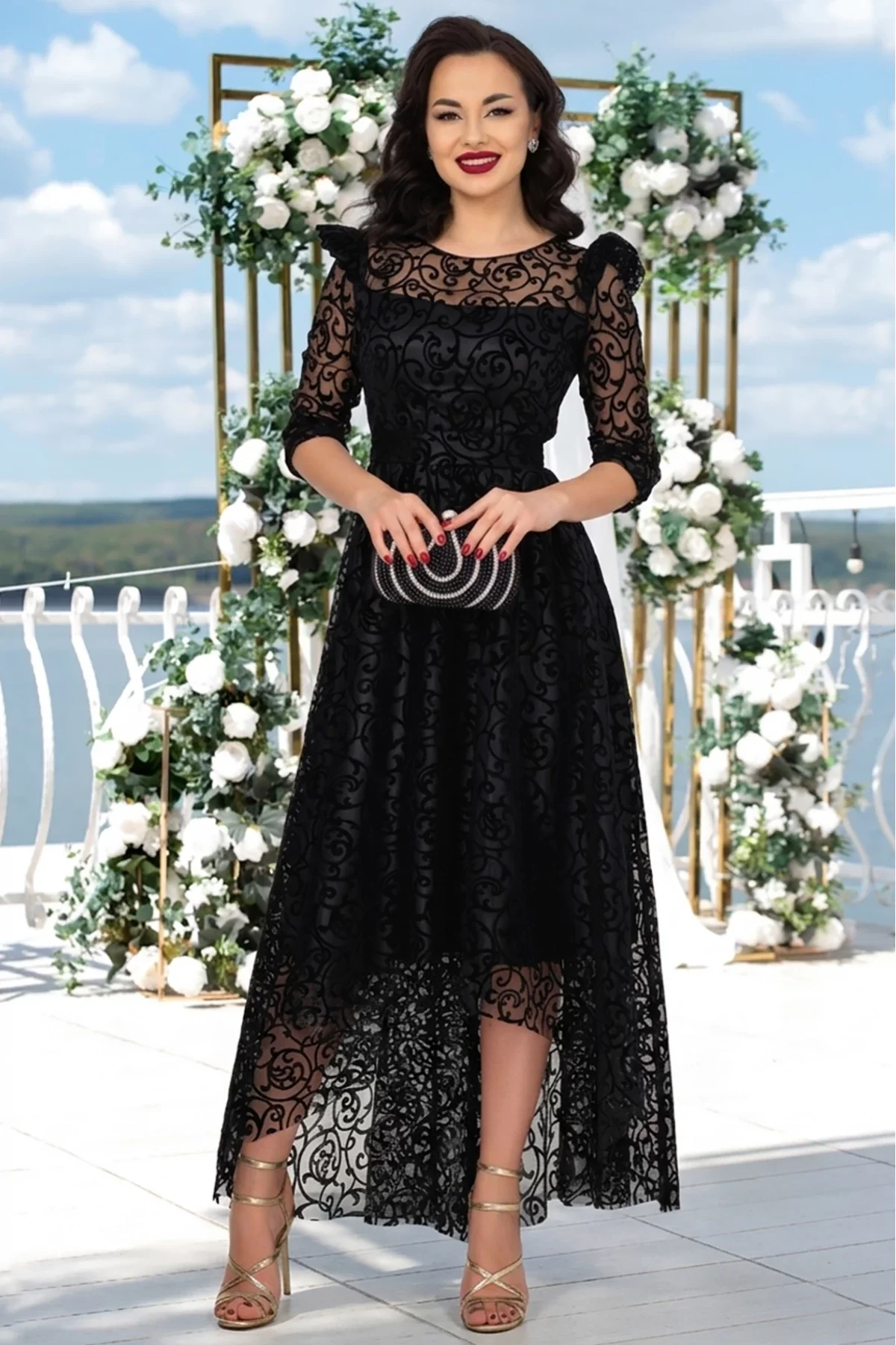 Ella Collection Rochie de ocazie neagra asimetrica Francesca cu model din catifea