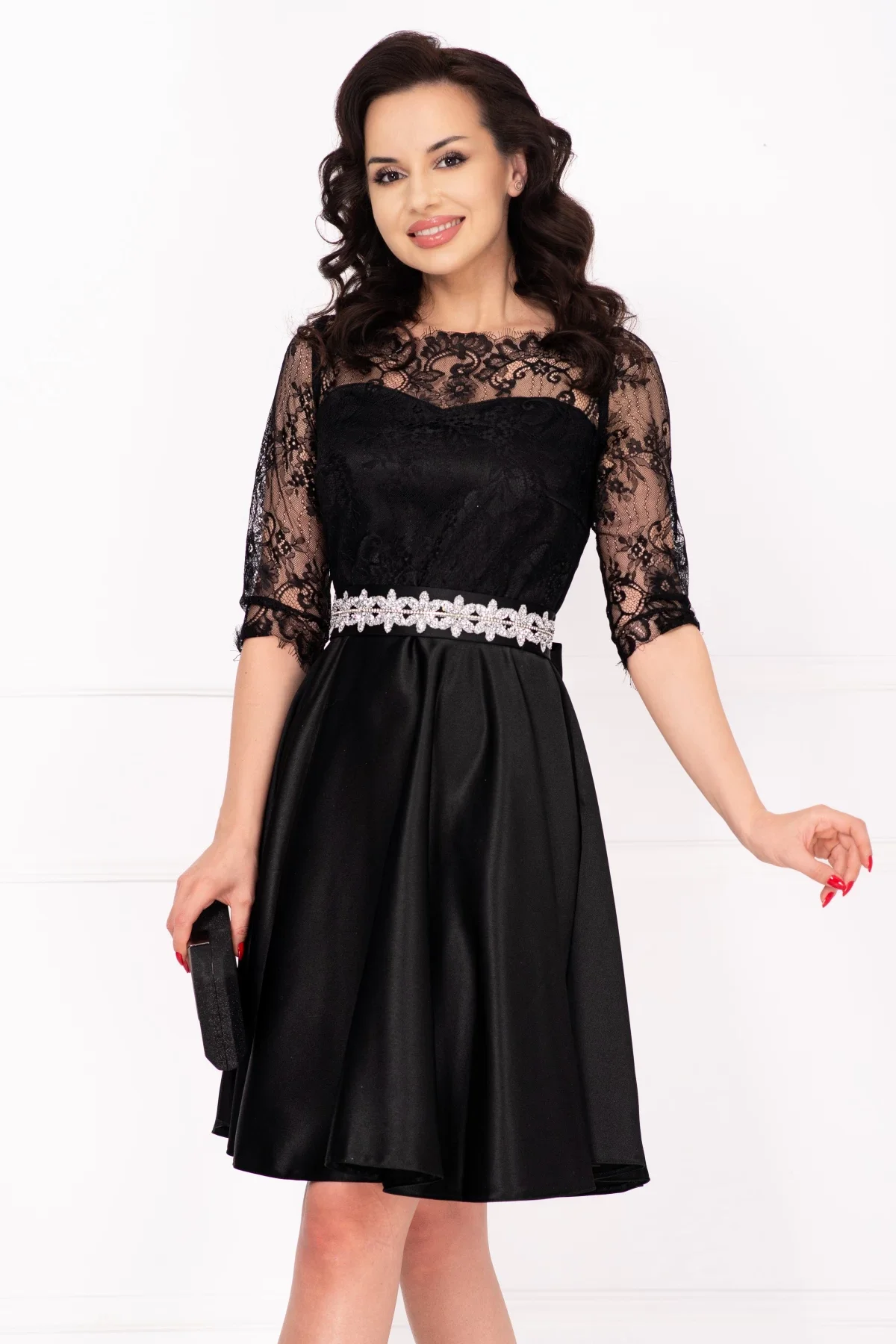 Ella Collection Rochie de ocazie neagra in clos Alison cu maneci din dantela