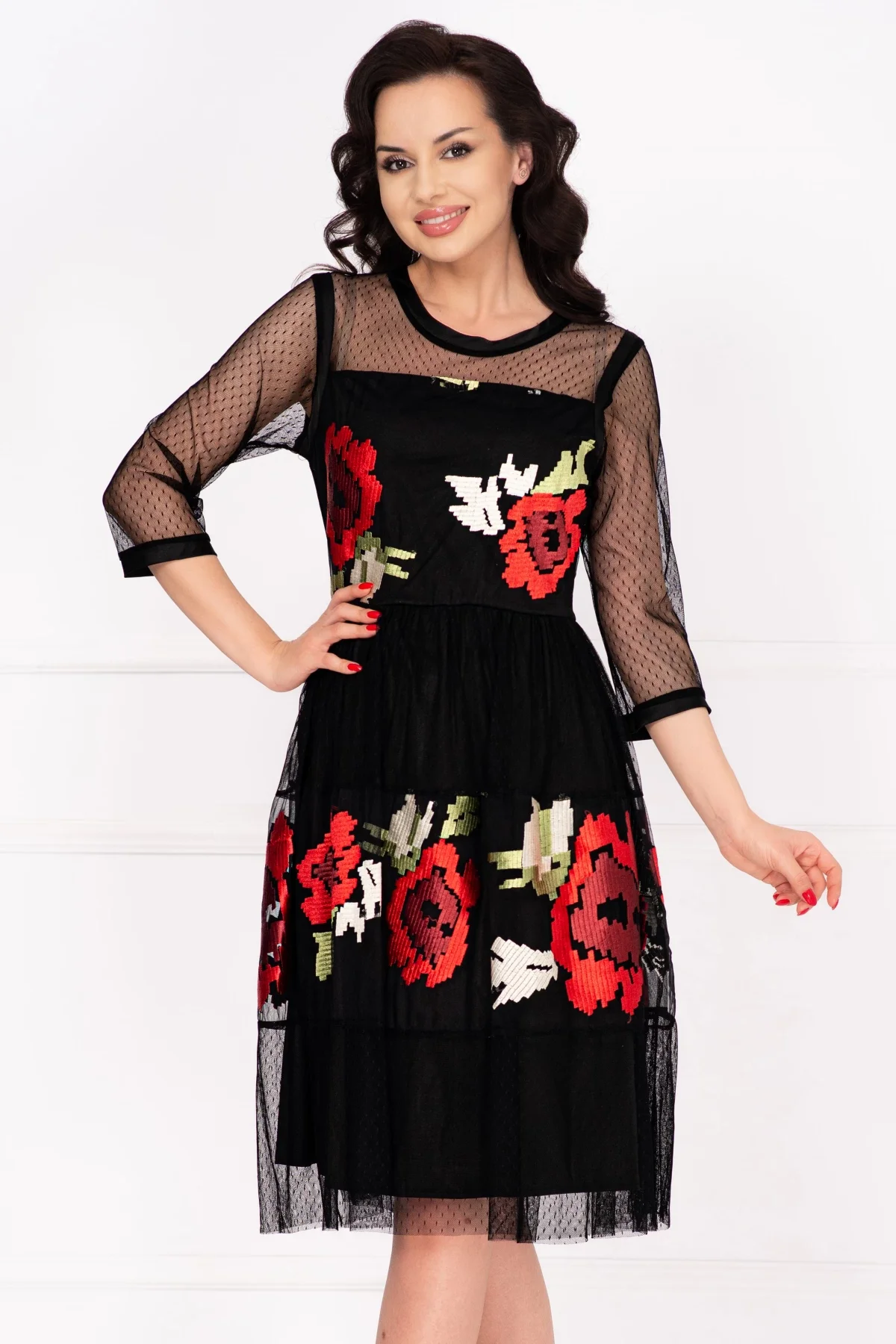 Ella Collection Rochie de ocazie neagra midi Andrada cu broderie florala