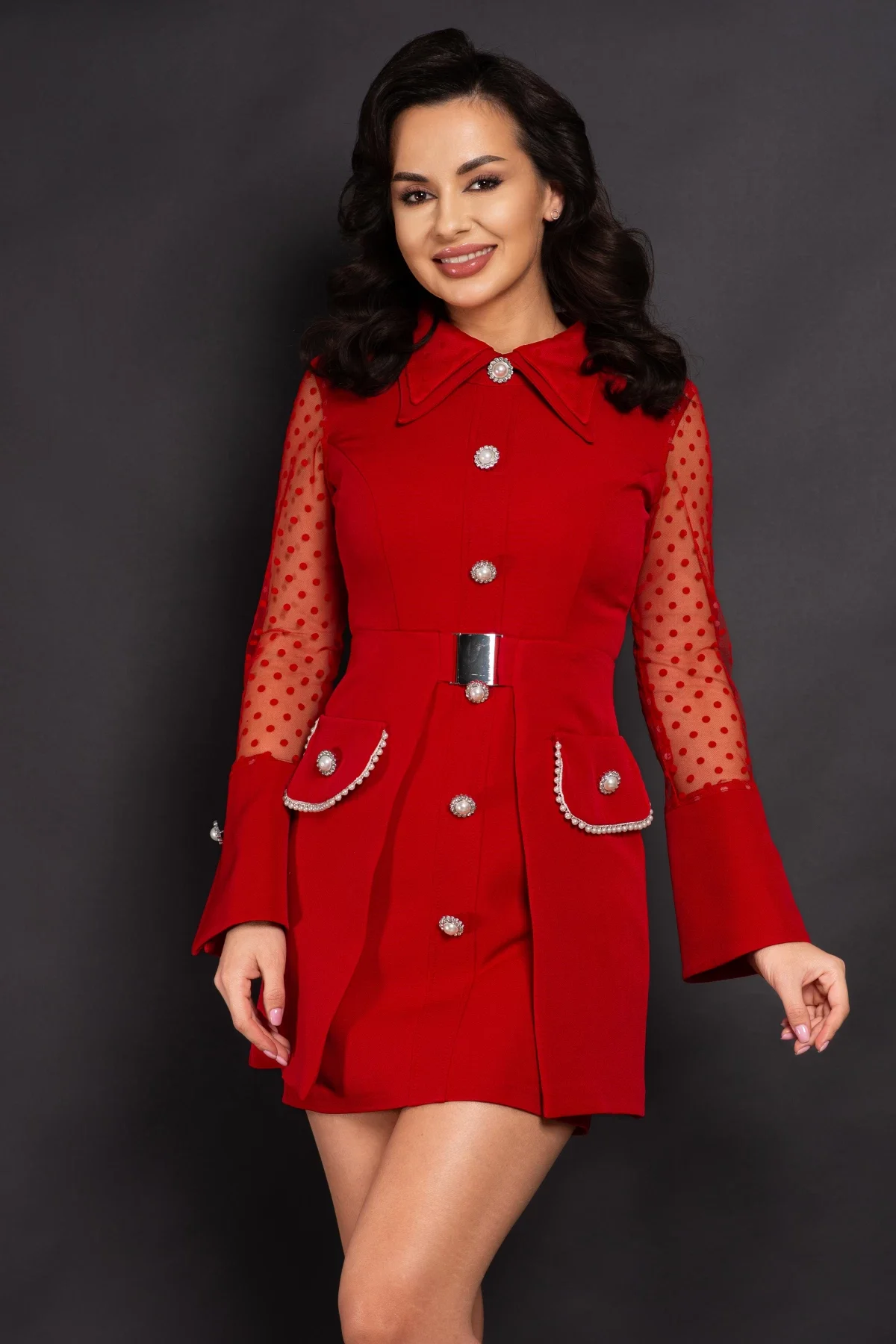 Ella Collection Rochie de ocazie rosie Naomi cu nasturi pretiosi si fusta detasabila