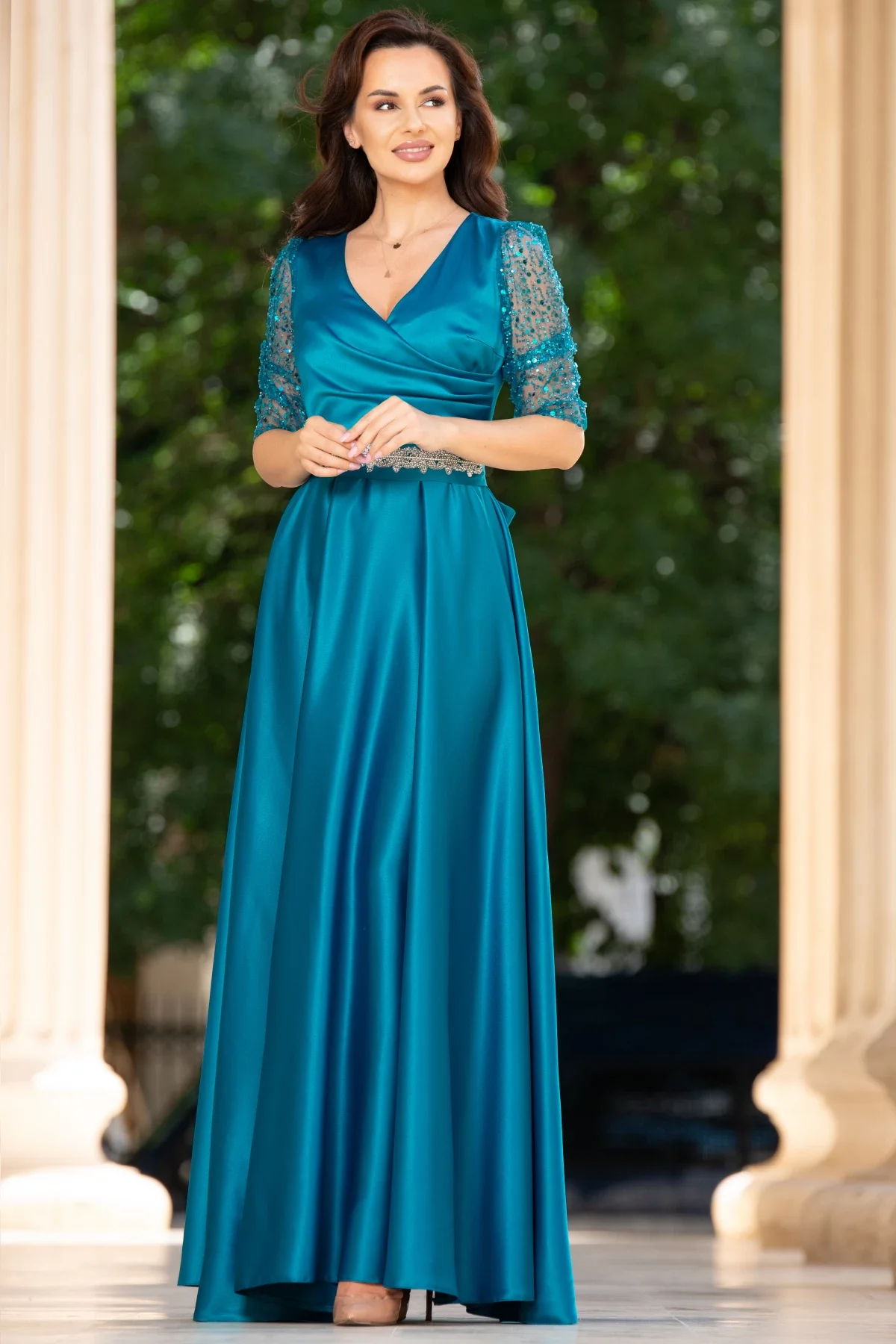 Ella Collection Rochie de seara aqua Giorgia lunga din tafta cu maneci paietate