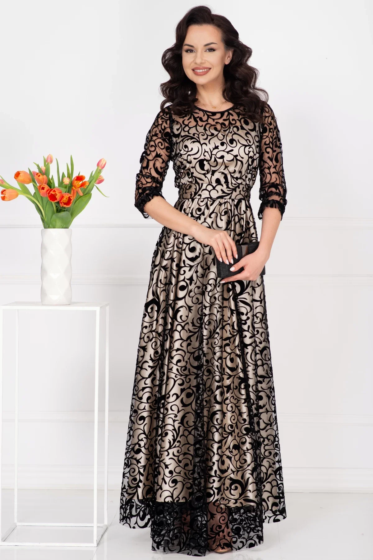 Ella Collection Rochie de seara lunga Francesca cu model din catifea si dublura bej