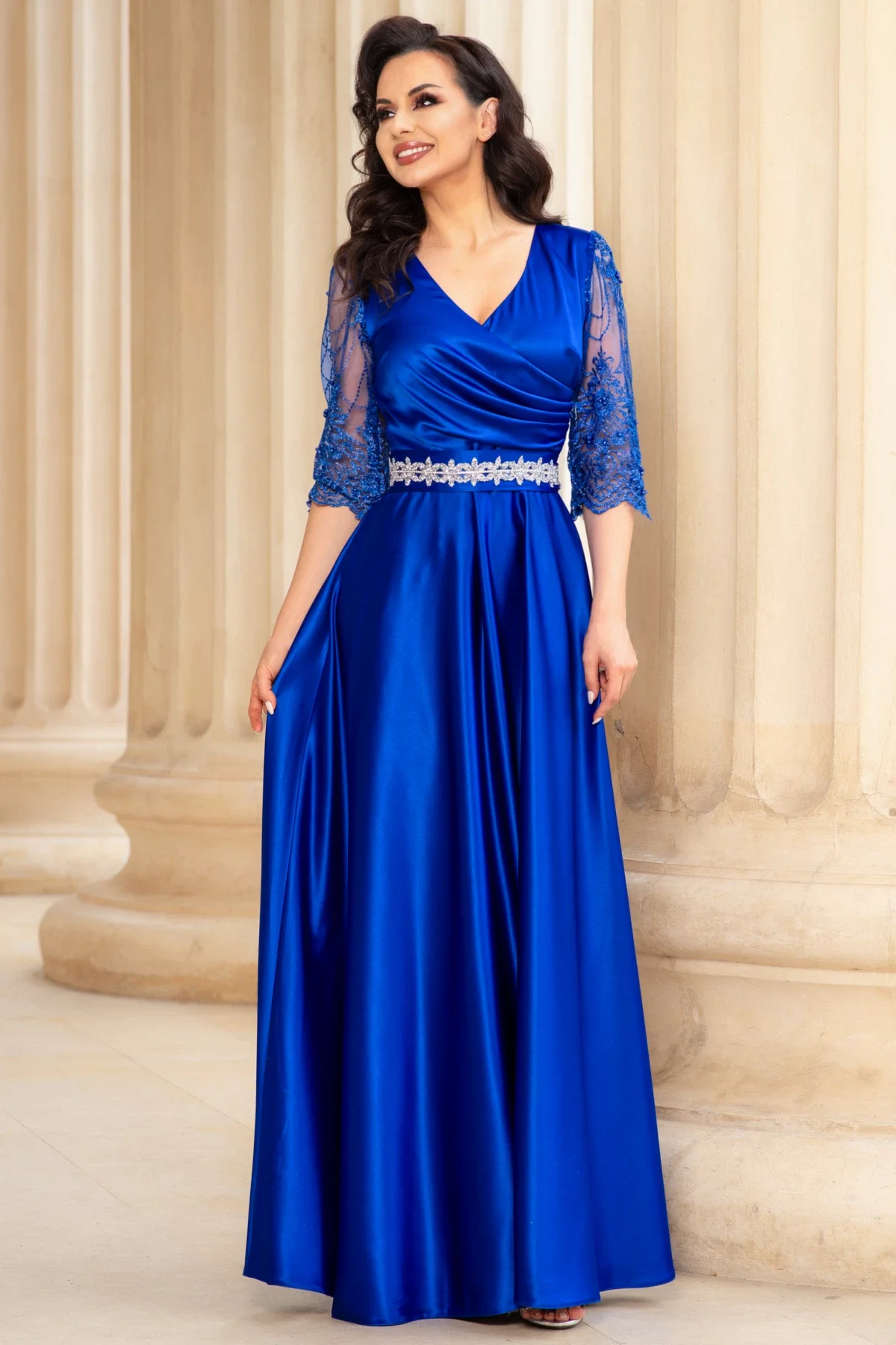 Ella Collection Rochie de seara lunga Giorgia albastru royal din tafta cu maneci brodate