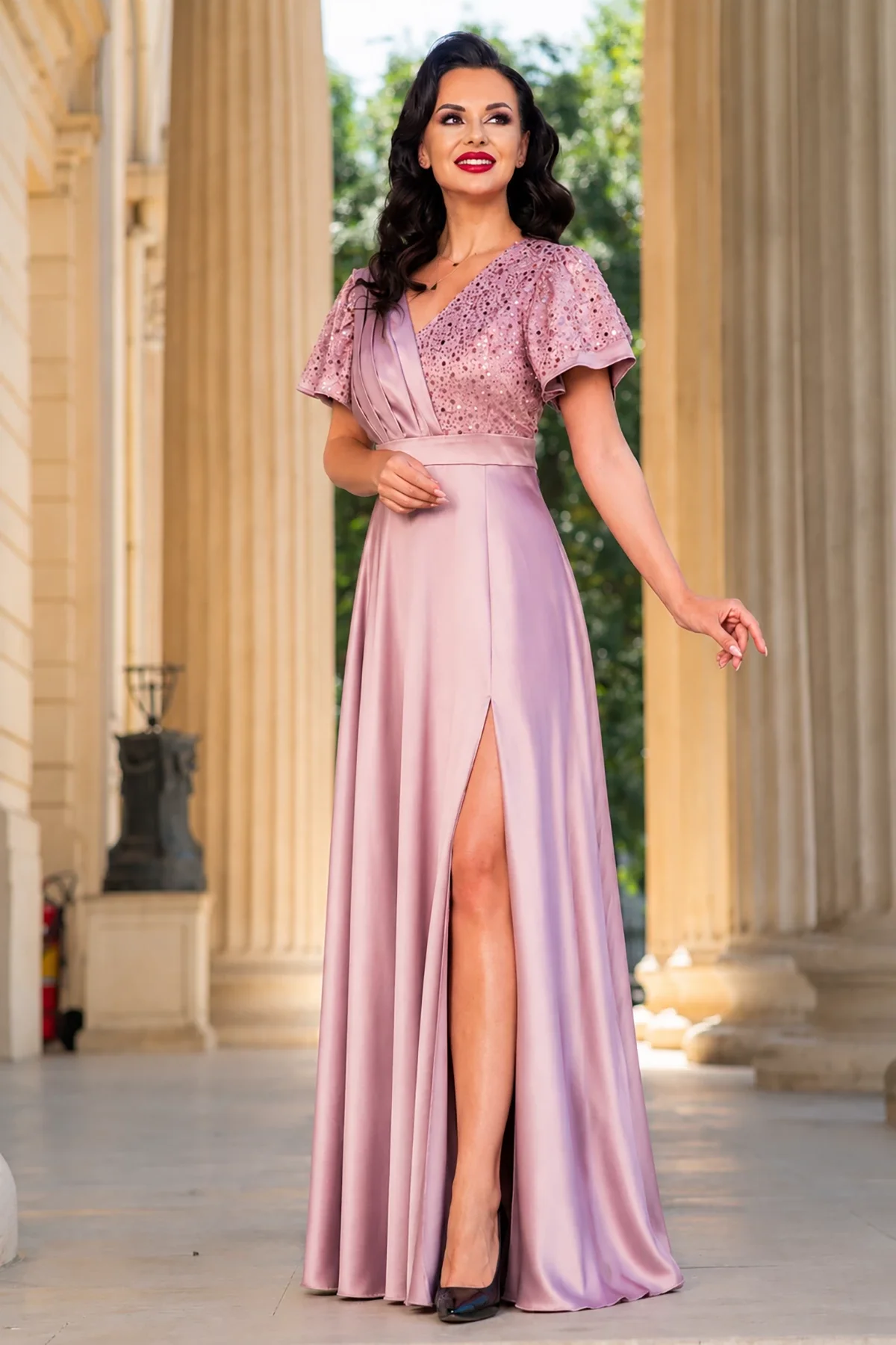 Ella Collection Rochie de seara lunga roz Carmen cu maneci fluture