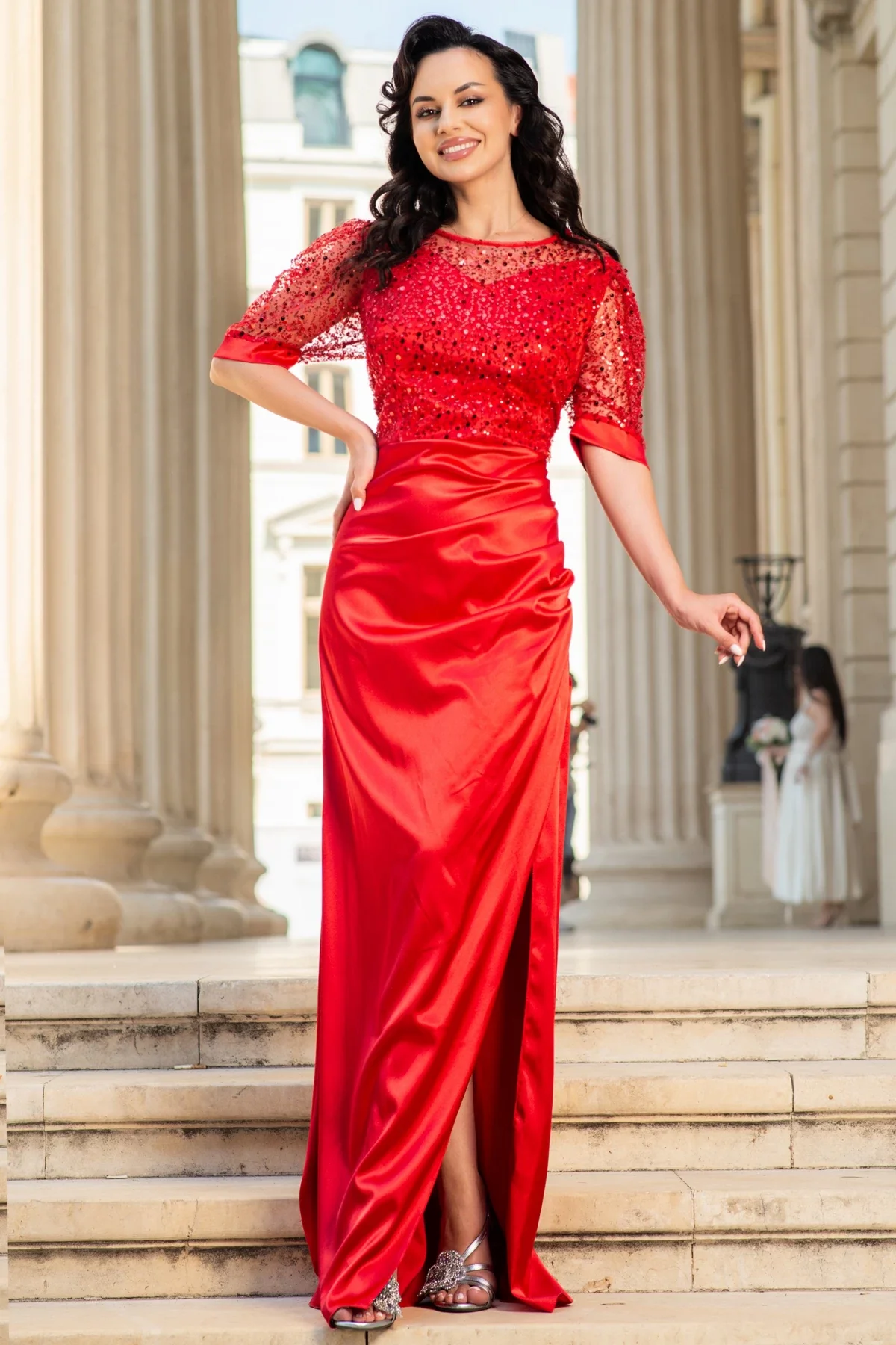 Ella Collection Rochie de seara Sophia rosie din tafta cu bust din paiete