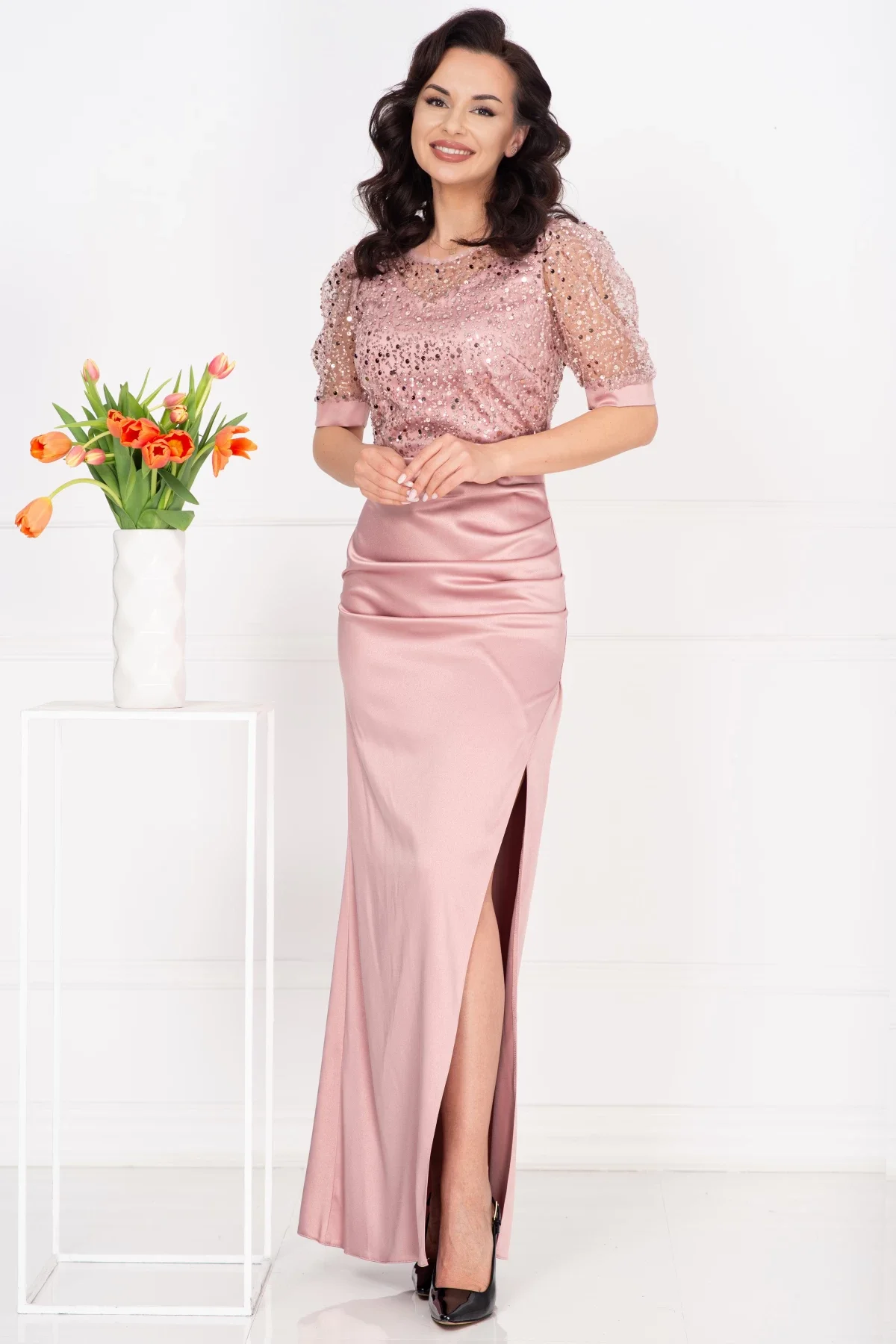 Ella Collection Rochie de seara Sophia roz din tafta cu bust din paiete