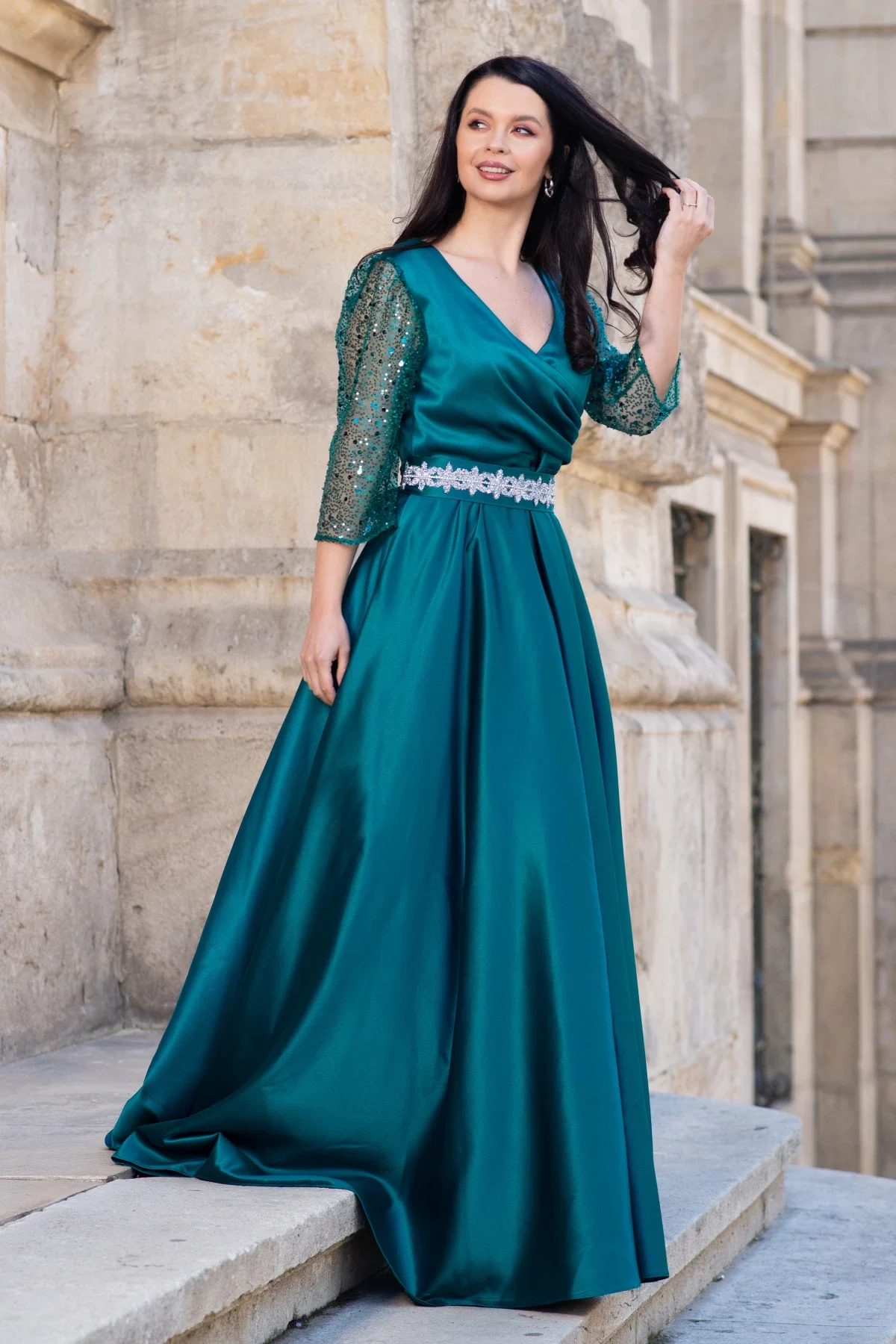 Ella Collection Rochie de seara verde Giorgia lunga din tafta cu maneci paietate